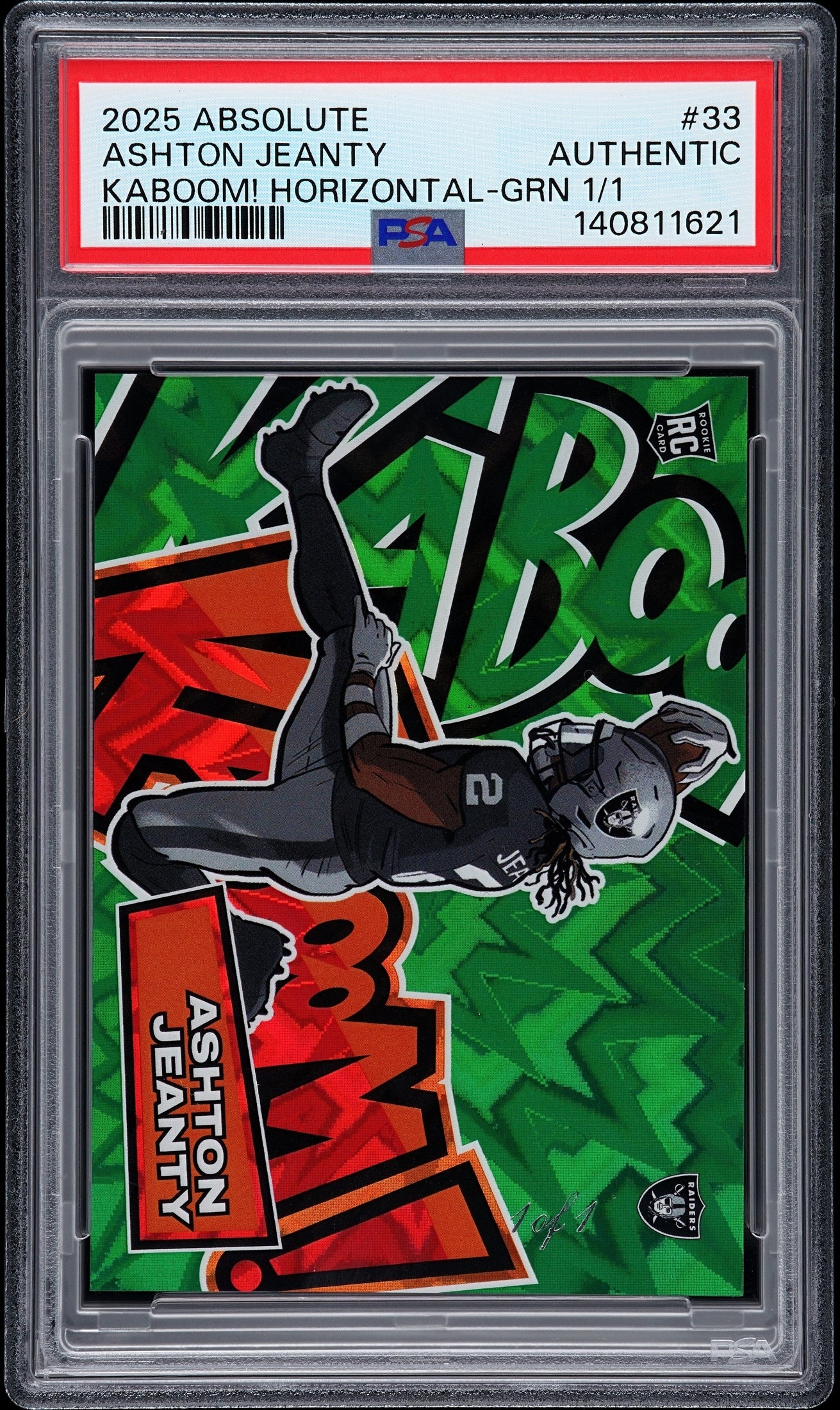 front card 2025 PANINI ABSOLUTE KABOOM! HORIZONTAL ASHTON JEANTY KABOOM! HORIZONTAL-GRN 1/1 PSA AUTHENTIC