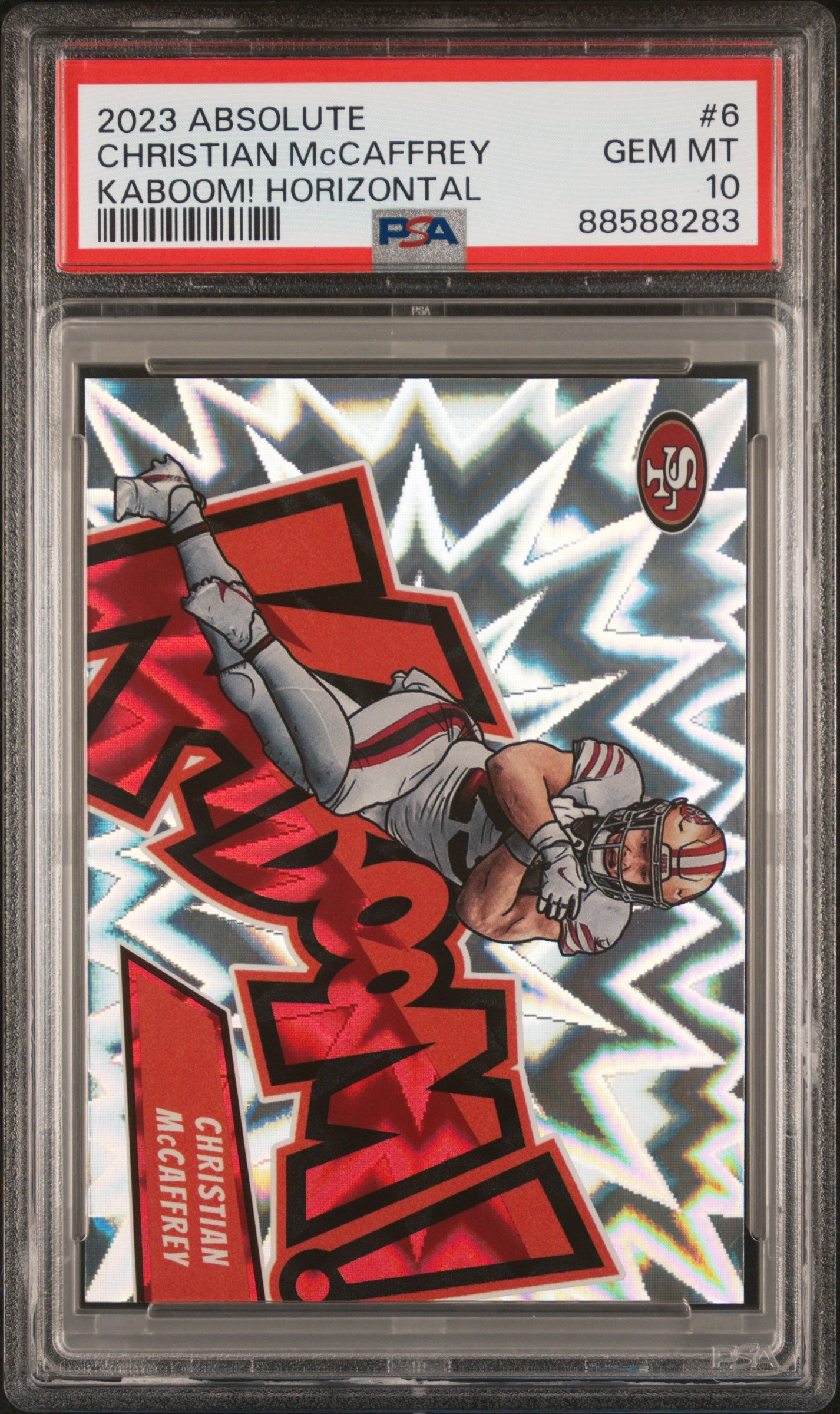 front card 2023 PANINI ABSOLUTE KABOOM! HORIZONTAL CHRISTIAN McCAFFREY PSA GEM MT 10