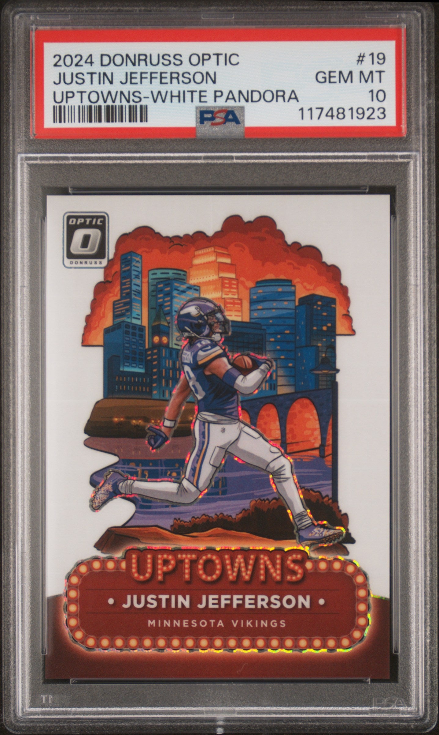 front card 2024 PANINI DONRUSS OPTIC UPTOWNS JUSTIN JEFFERSON UPTOWNS-WHITE PANDORA PSA GEM MT 10