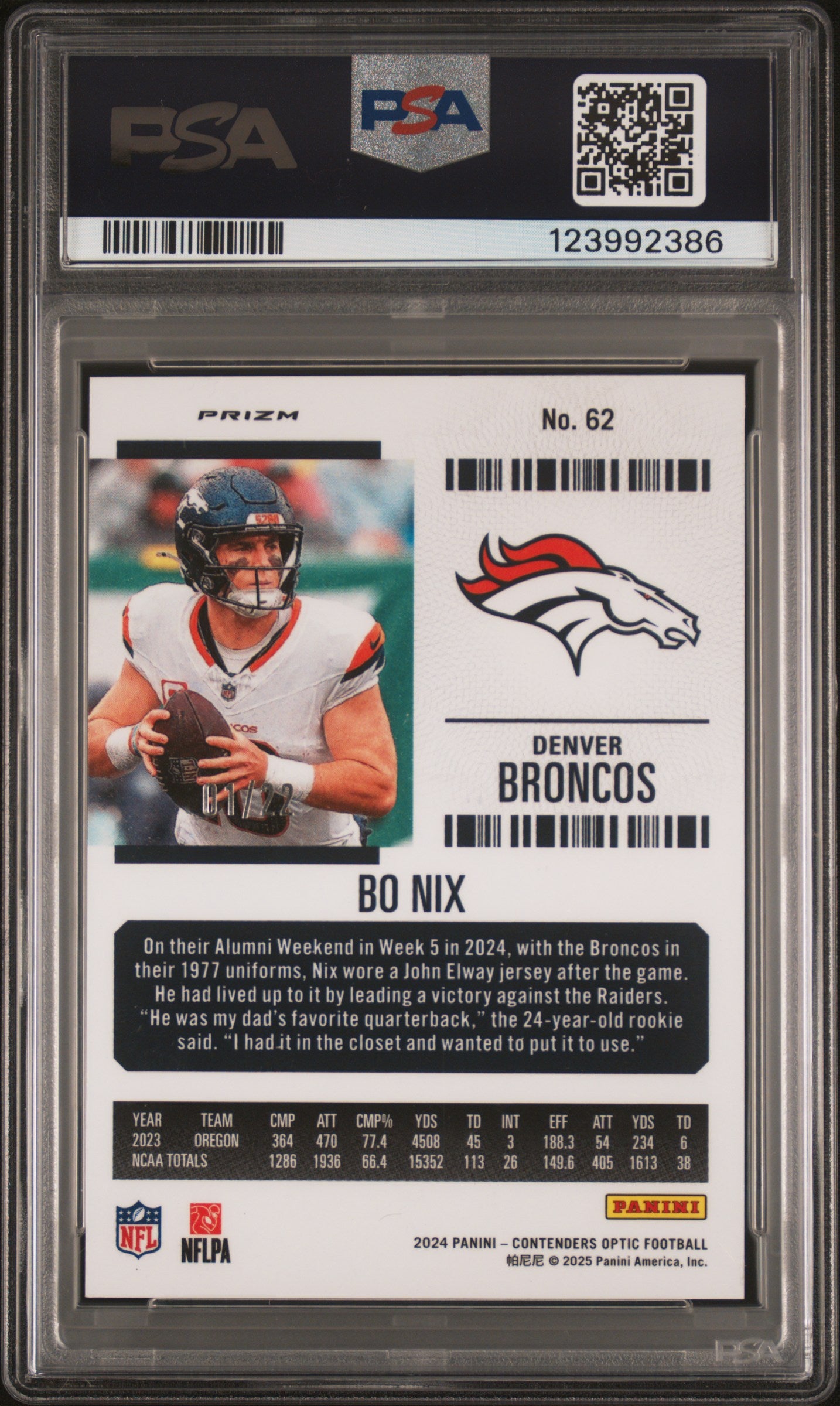 rear card 2024 PANINI CONTENDERS OPTIC BO NIX CRACKED ICE PSA MINT 9