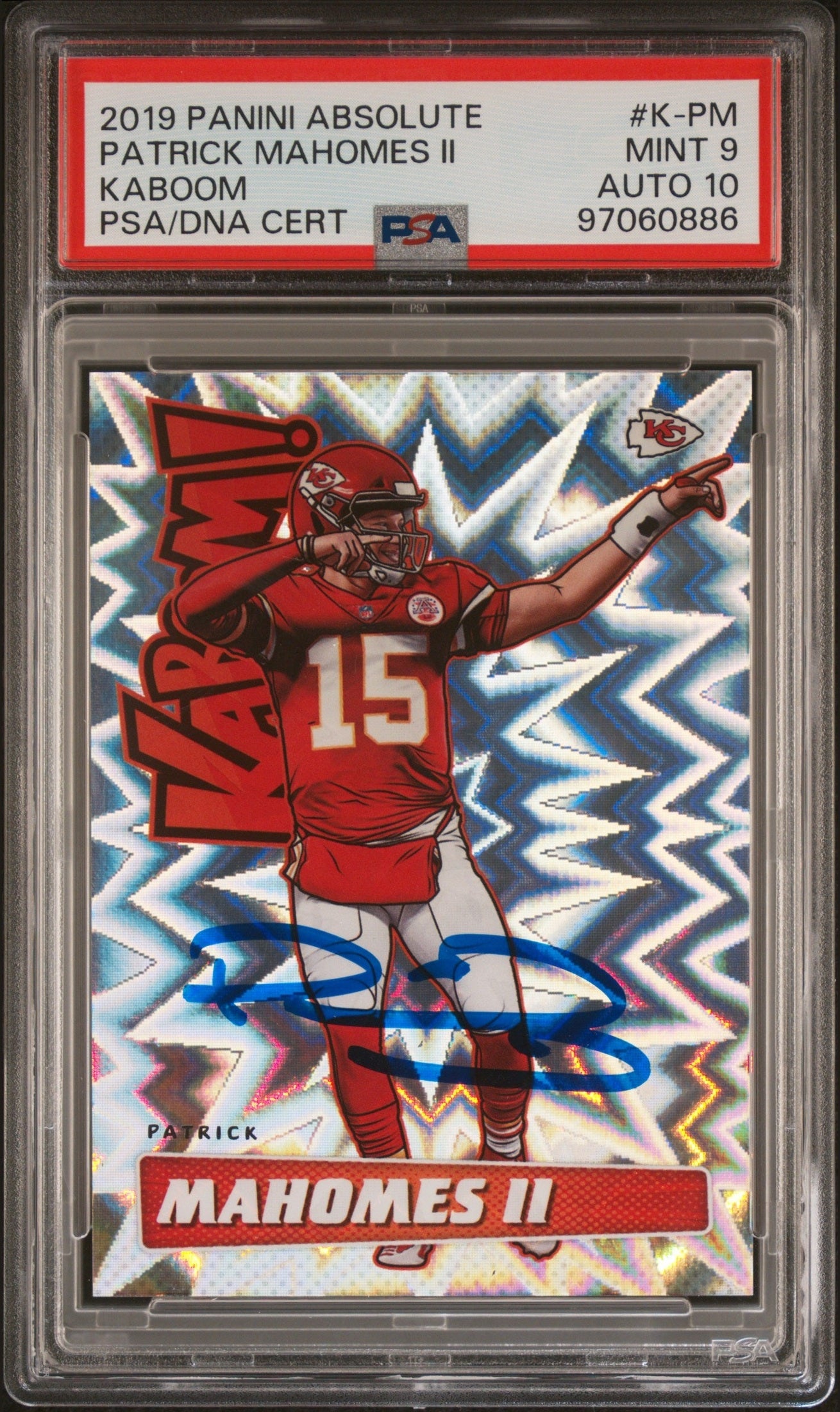 front card 2019 PANINI ABSOLUTE KABOOM! PATRICK MAHOMES II KABOOM PSA MINT 9