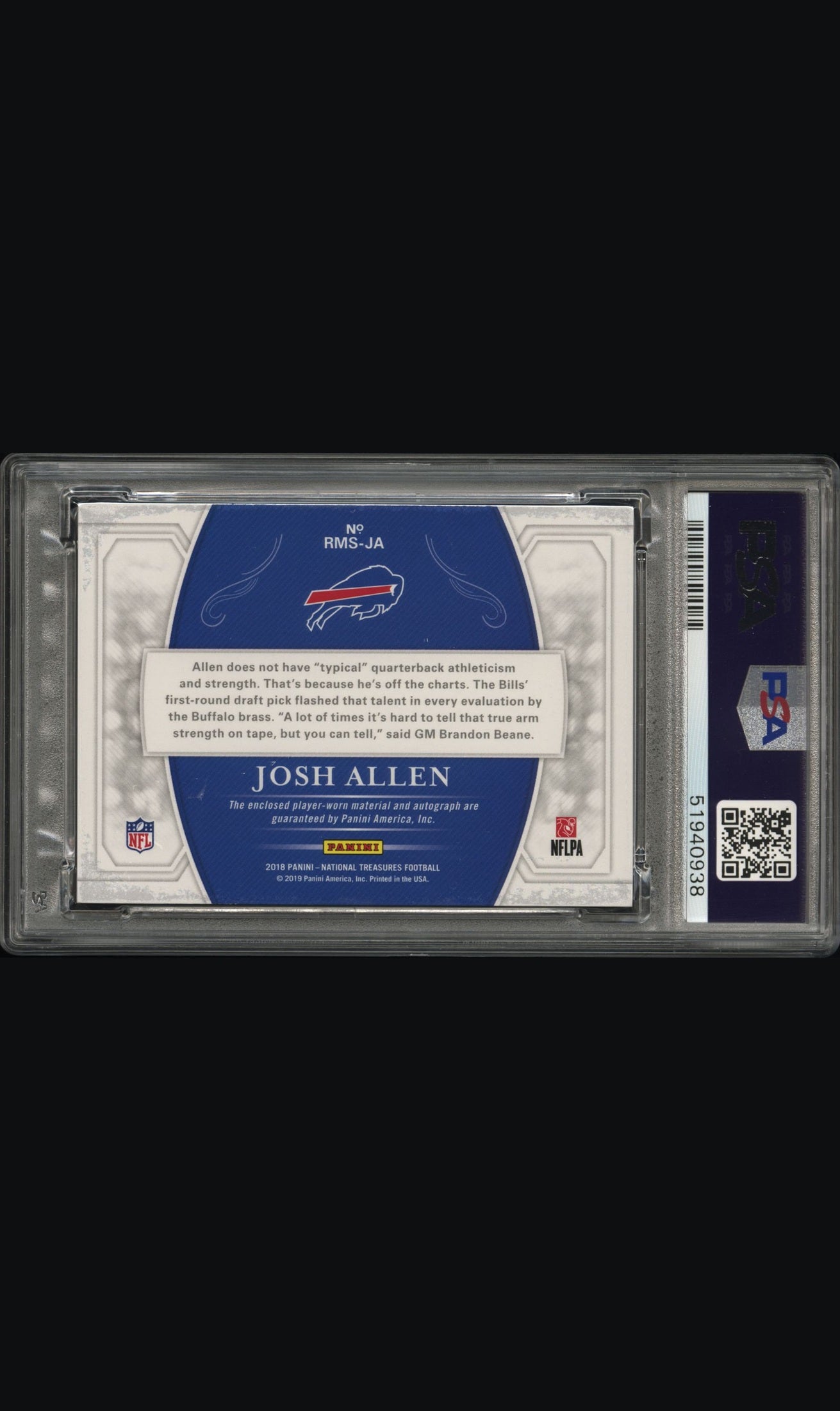 rear card 2018 PANINI NATIONAL TREASURES ROOKIE MATERIAL SIGNATURES RPS JOSH ALLEN RKE.MAT.SIG.RPS-BLACK PSA NM-MT 8