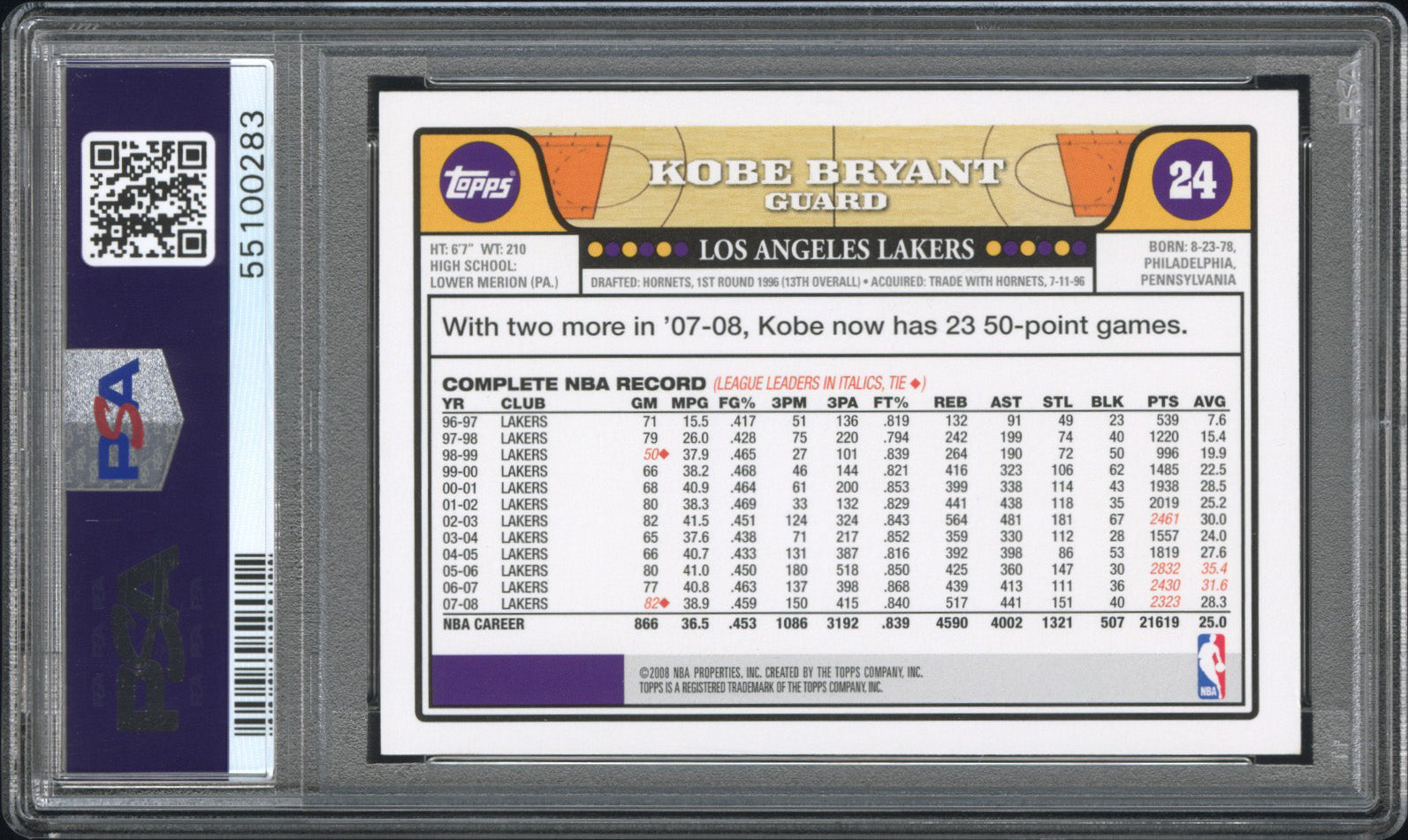 rear card 2008 TOPPS KOBE BRYANT GOLD FOIL PSA GEM MT 10