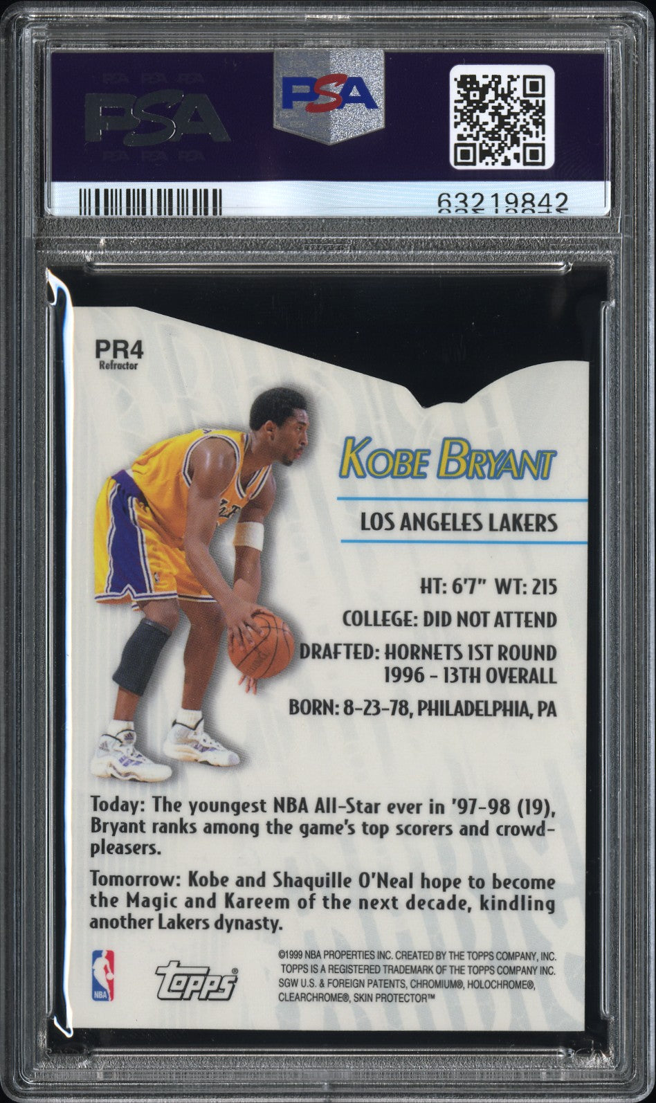 rear card 1999 TOPPS PRODIGY KOBE BRYANT REFRACTOR PSA GEM MT 10