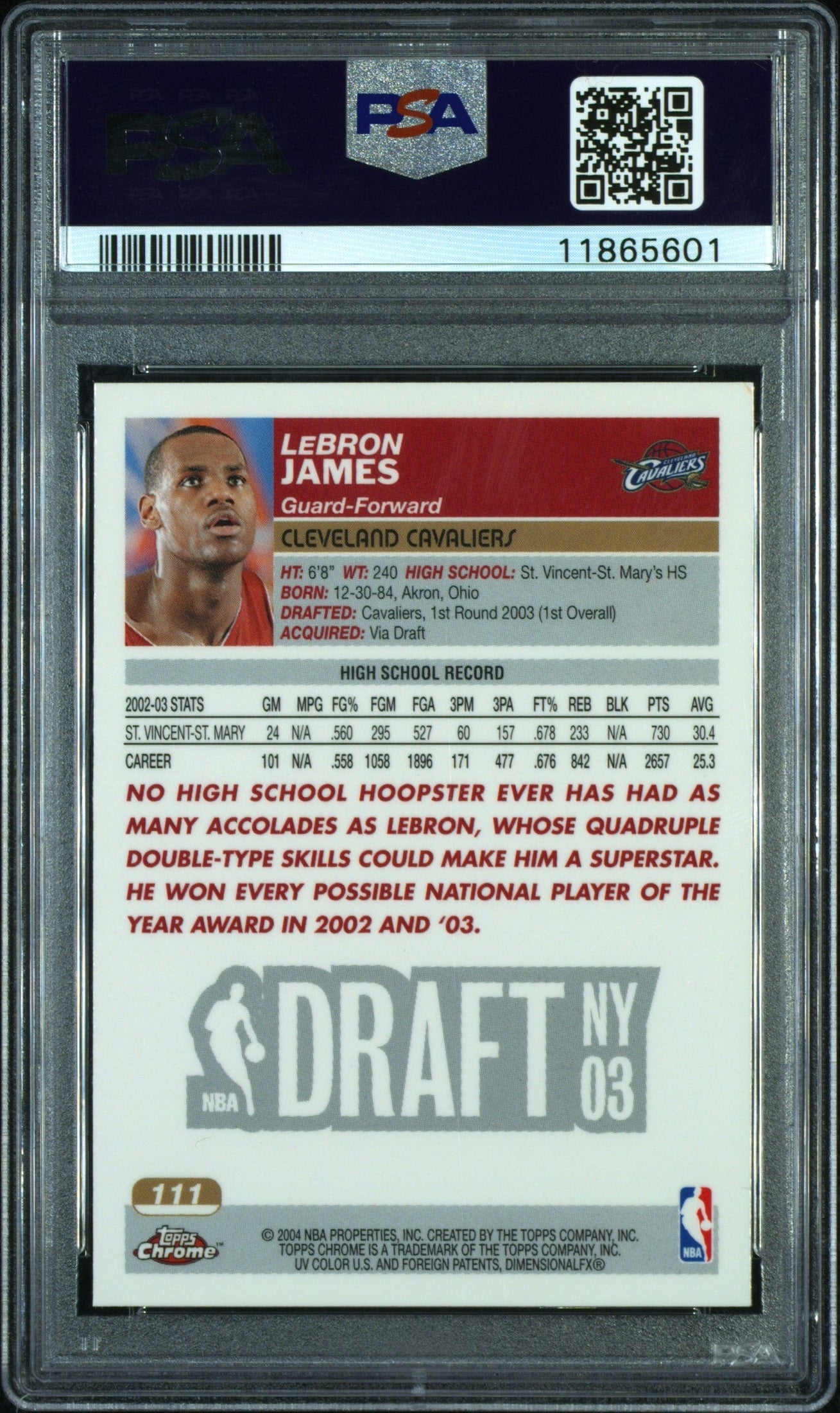 rear card 2003 TOPPS CHROME LeBRON JAMES PSA GEM MT 10