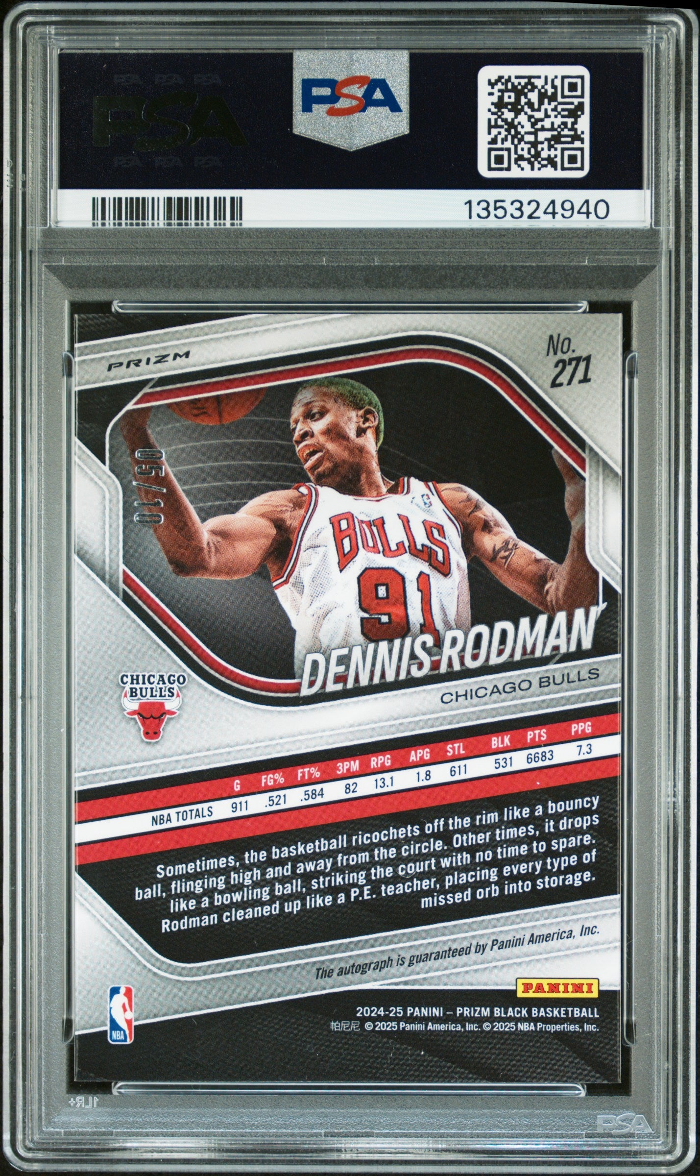 rear card 2024 PANINI PRIZM BLACK DENNIS RODMAN AUTO-GOLD SHIMMER FOTL PSA GEM MT 10
