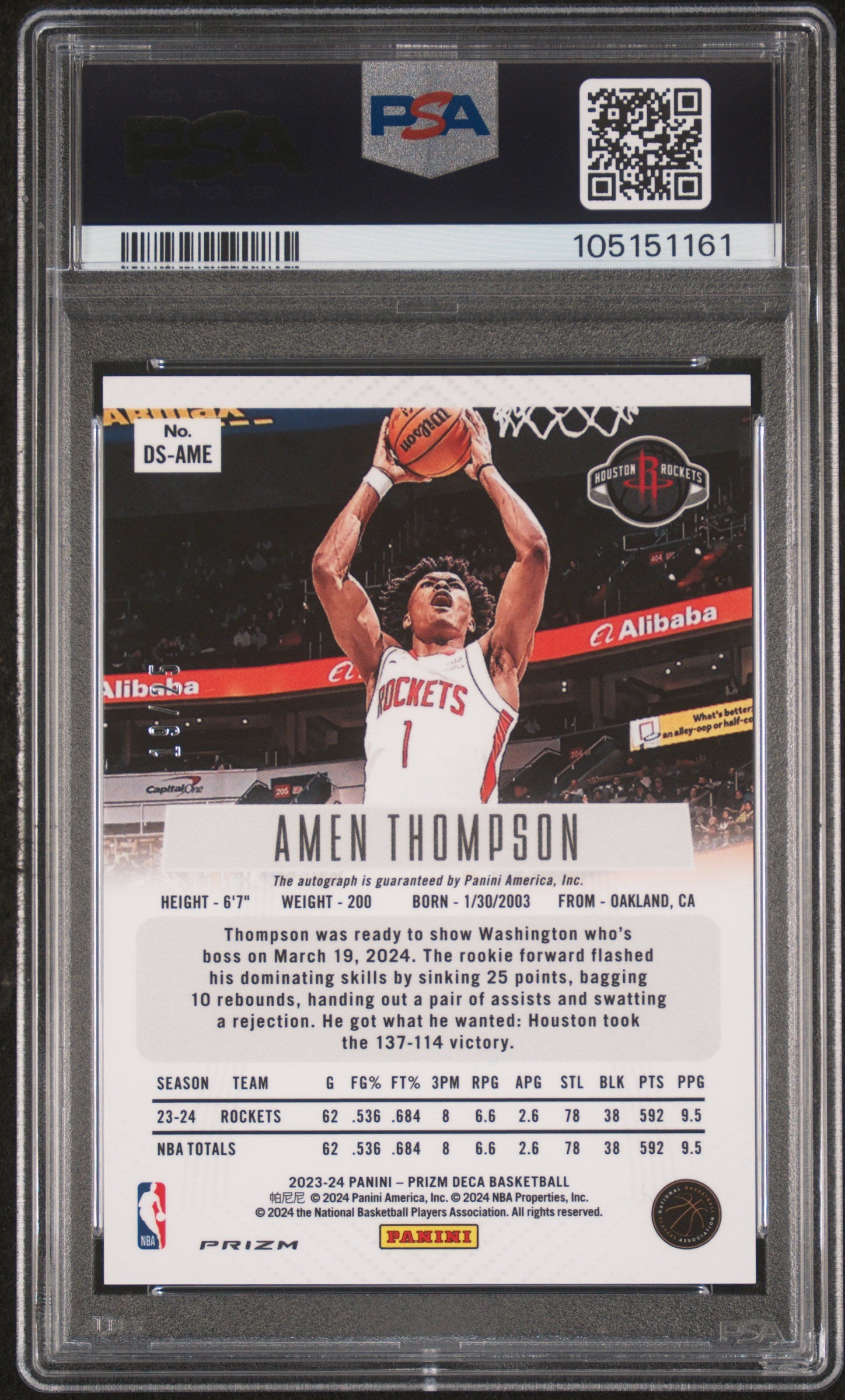 rear card 2023 PANINI PRIZM DECA SIGNATURES AMEN THOMPSON SIG-GREEN SHIMMER FOTL PSA MINT 9