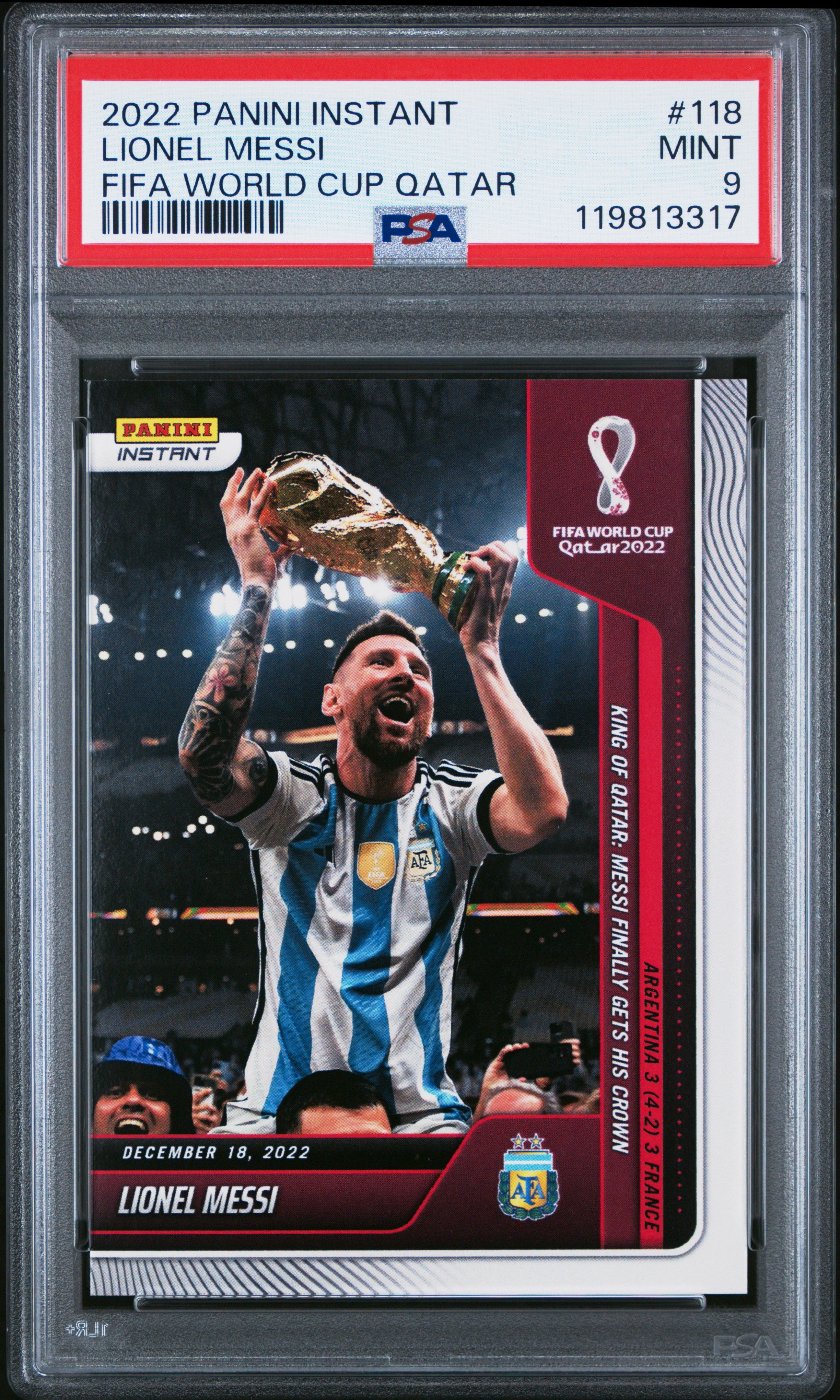 front card 2022 PANINI INSTANT FIFA WORLD CUP QATAR LIONEL MESSI FIFA WORLD CUP QATAR PSA MINT 9