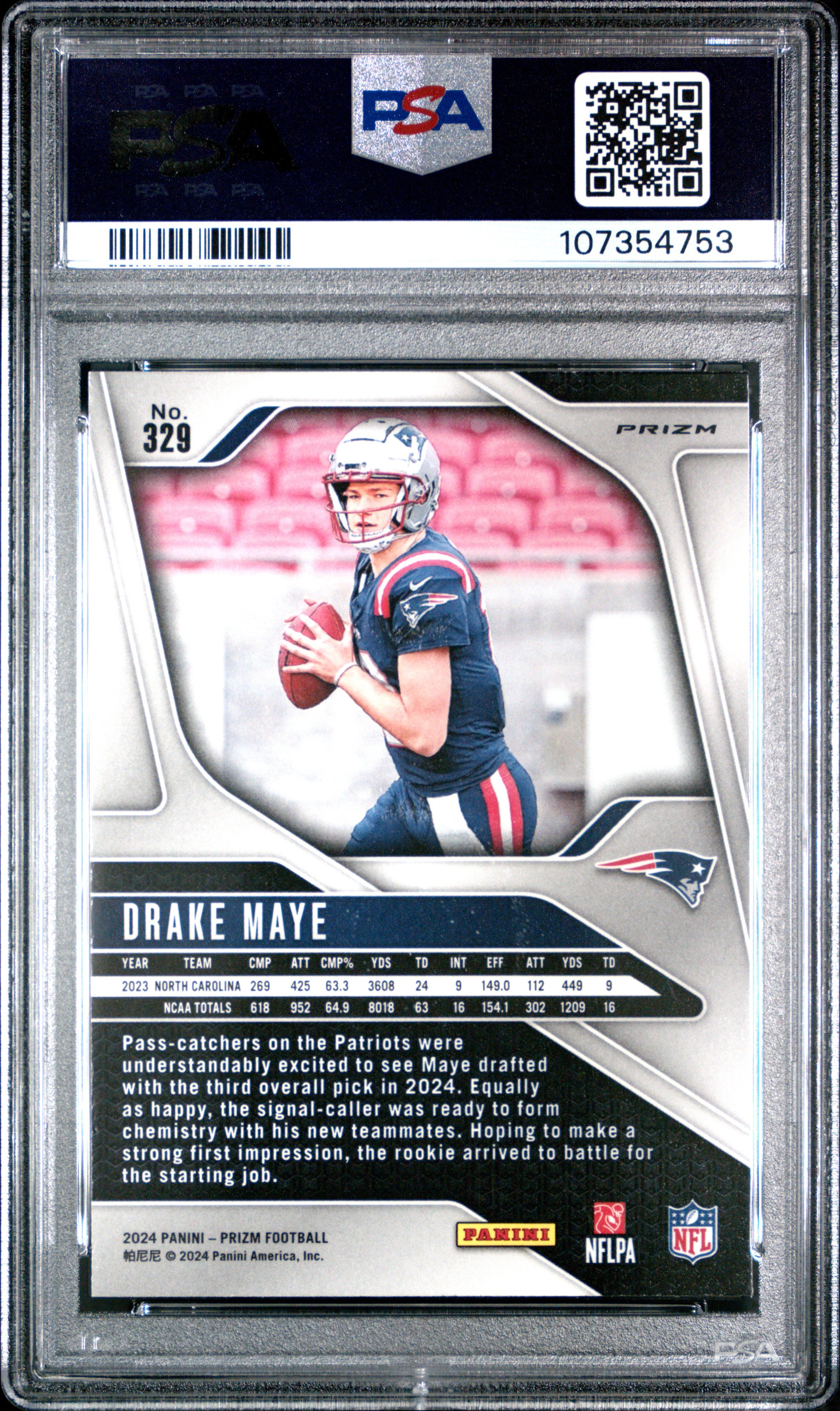 rear card 2024 PANINI PRIZM DRAKE MAYE RED/WHITE/BLUE PRIZM PSA GEM MT 10