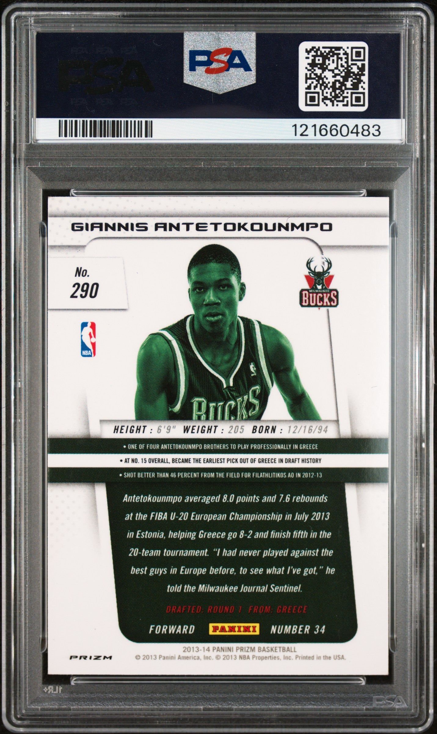 rear card 2013 PANINI PRIZM GIANNIS ANTETOKOUNMPO RED PRIZM PSA MINT 9