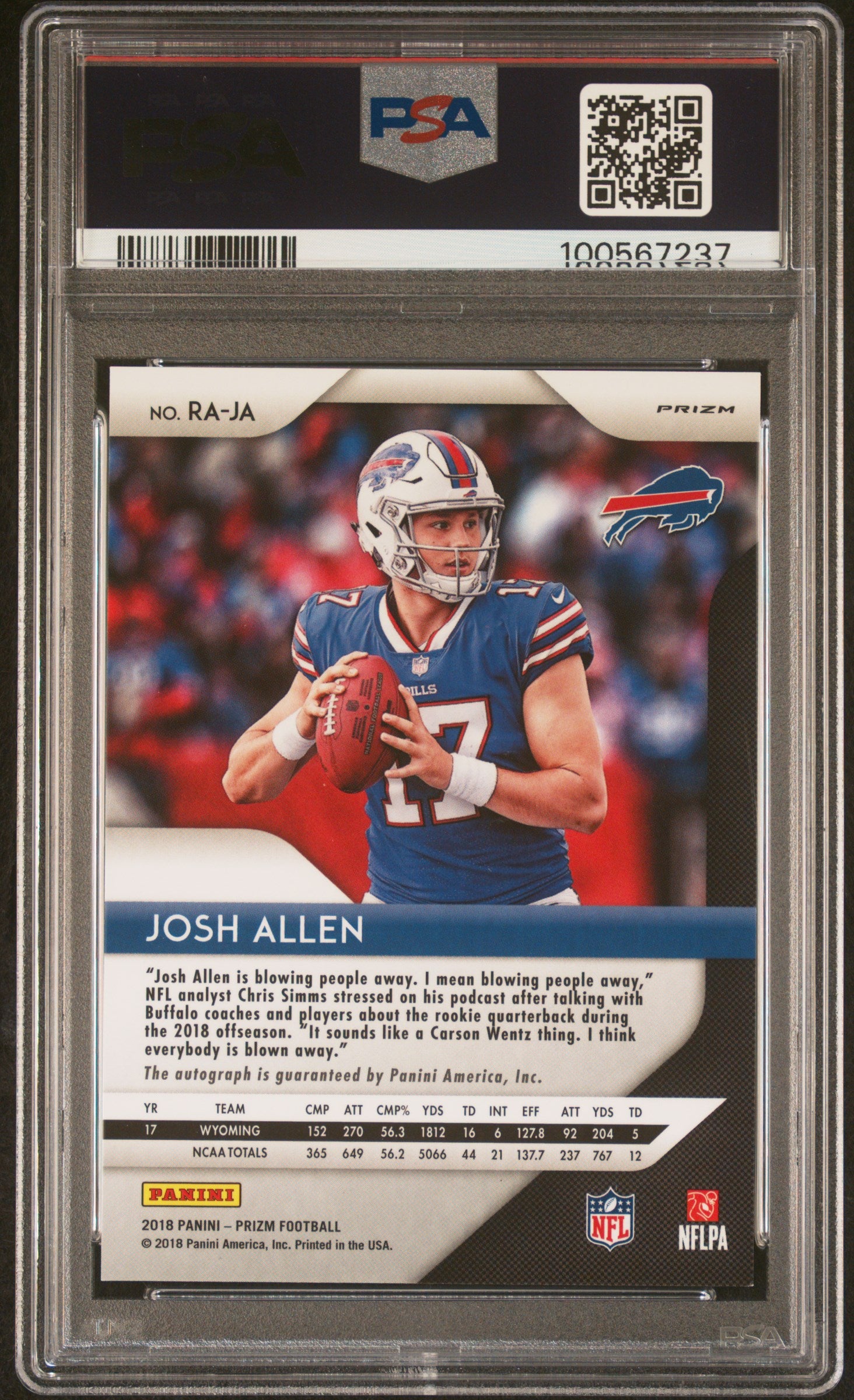 rear card 2018 PANINI PRIZM ROOKIE AUTOGRAPHS JOSH ALLEN ROOKIE AUTOGRAPHS PSA MINT 9