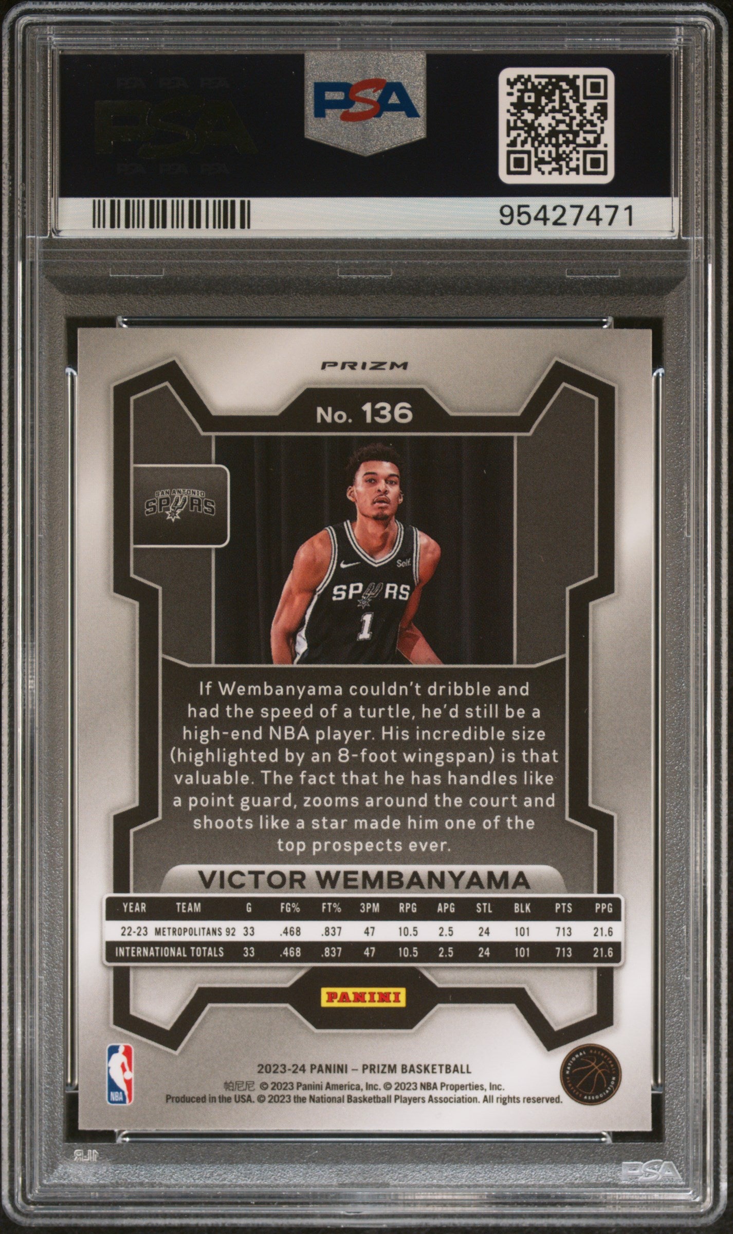 rear card 2023 PANINI PRIZM VICTOR WEMBANYAMA SILVER PRIZM PSA GEM MT 10