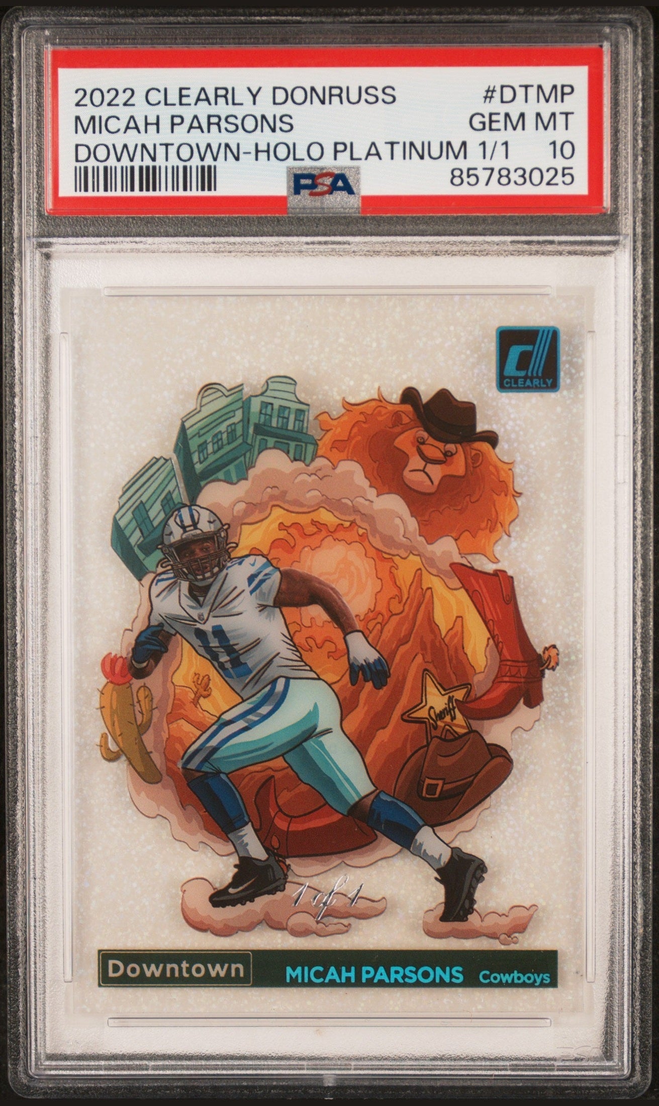 front card 2022 PANINI CLEARLY DONRUSS DOWNTOWN MICAH PARSONS DOWNTOWN-HOLO PLATINUM 1/1 PSA GEM MT 10