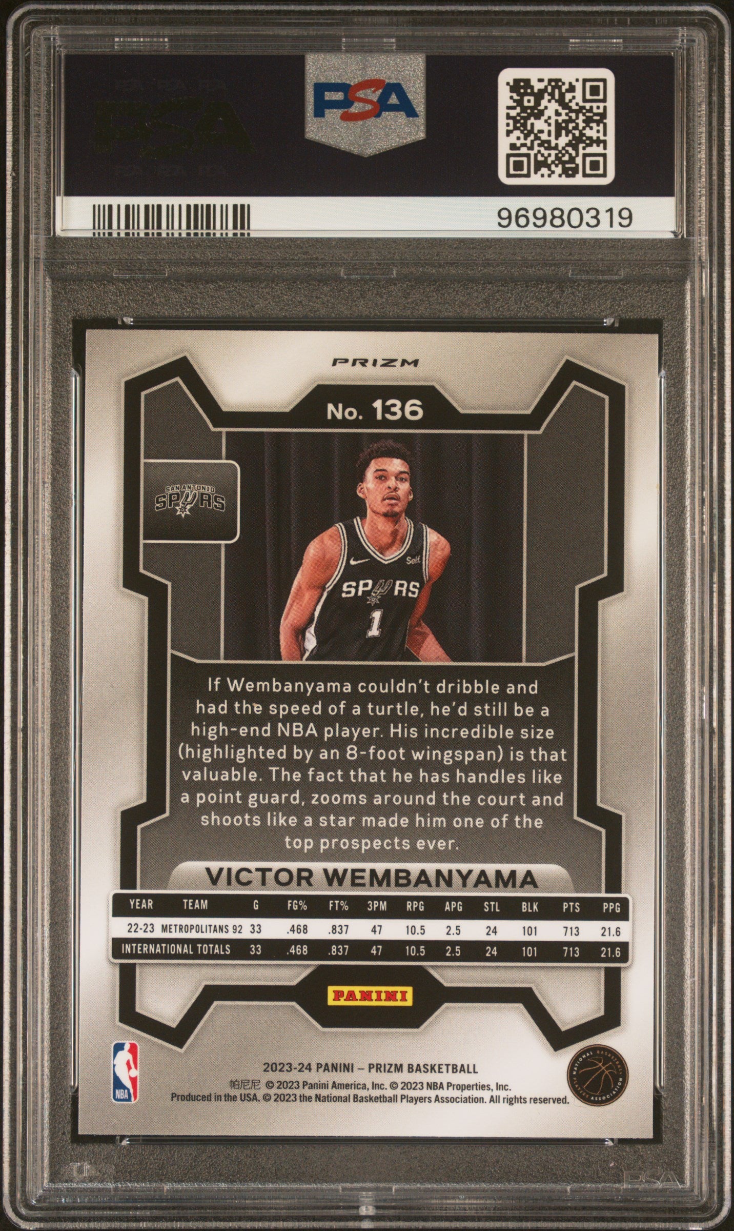 rear card 2023 PANINI PRIZM VICTOR WEMBANYAMA ORANGE ICE PSA GEM MT 10