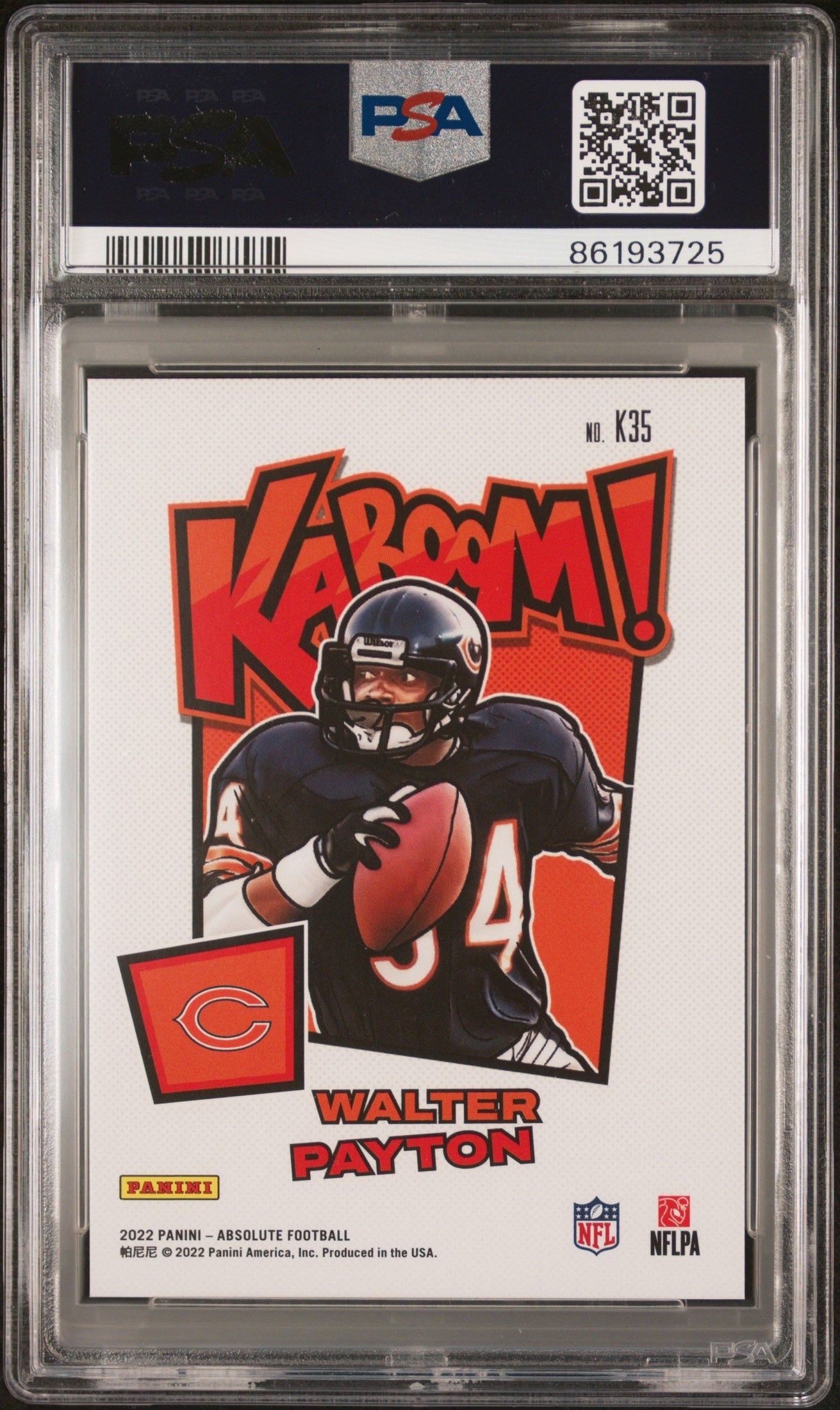 rear card 2022 PANINI ABSOLUTE KABOOM! VERTICAL WALTER PAYTON KABOOM! VERT-GREEN 1/1 PSA MINT 9