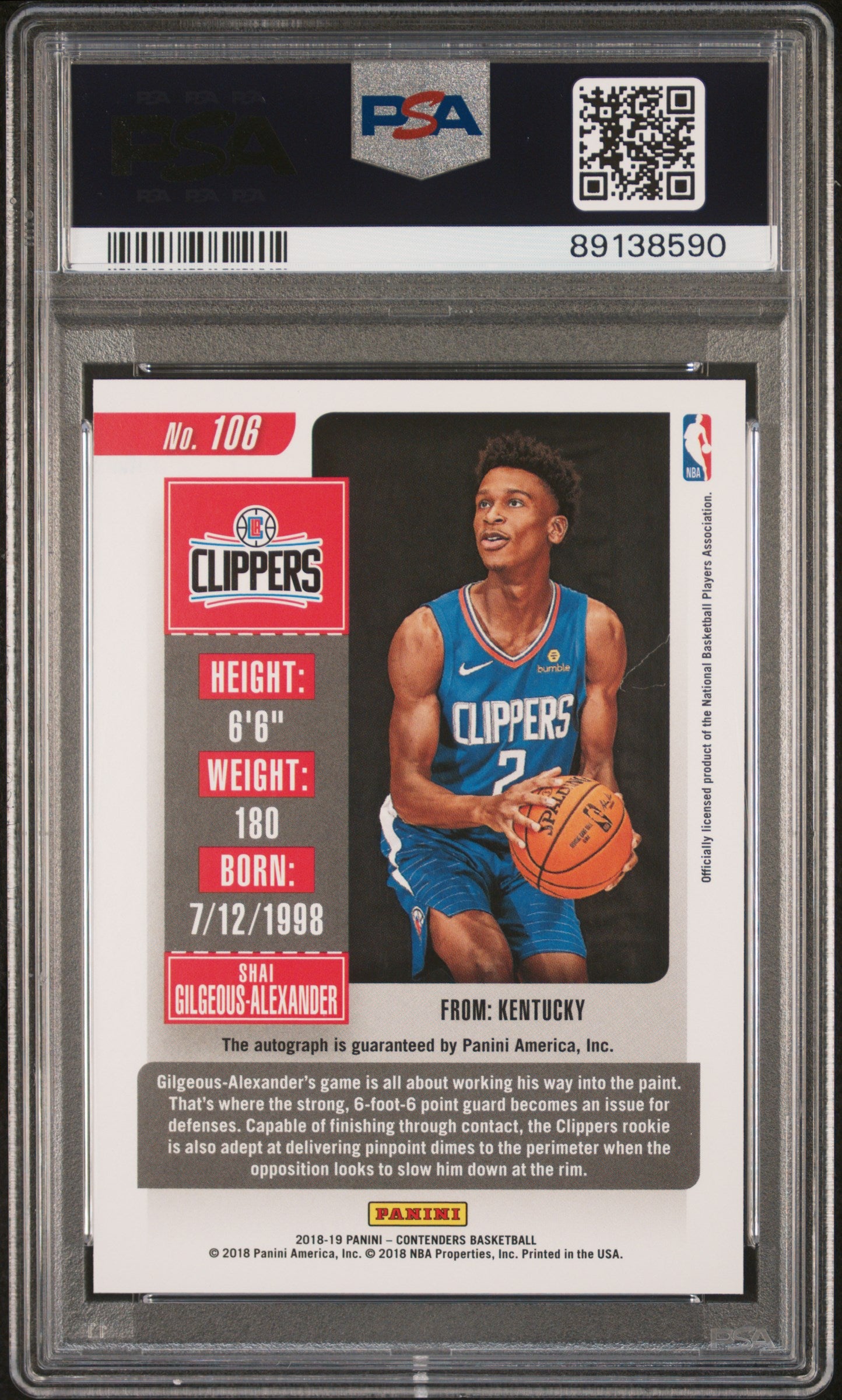 rear card 2018 PANINI CONTENDERS S.GILGEOUS-ALEXANDER VARIATION-AUTOGRAPH PSA GEM MT 10