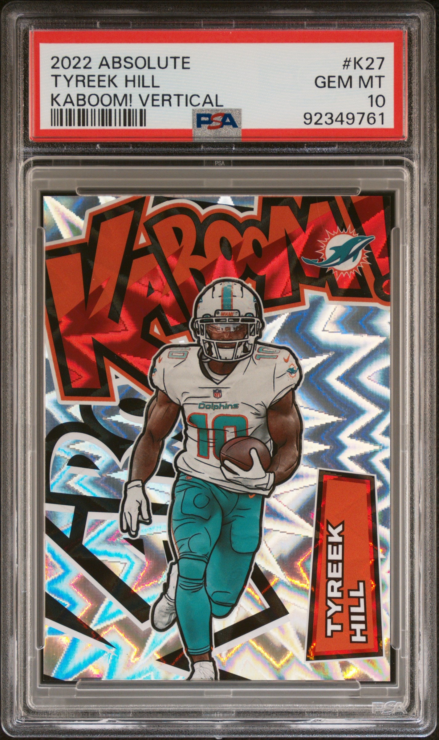 front card 2022 PANINI ABSOLUTE KABOOM! VERTICAL TYREEK HILL KABOOM! VERTICAL PSA GEM MT 10