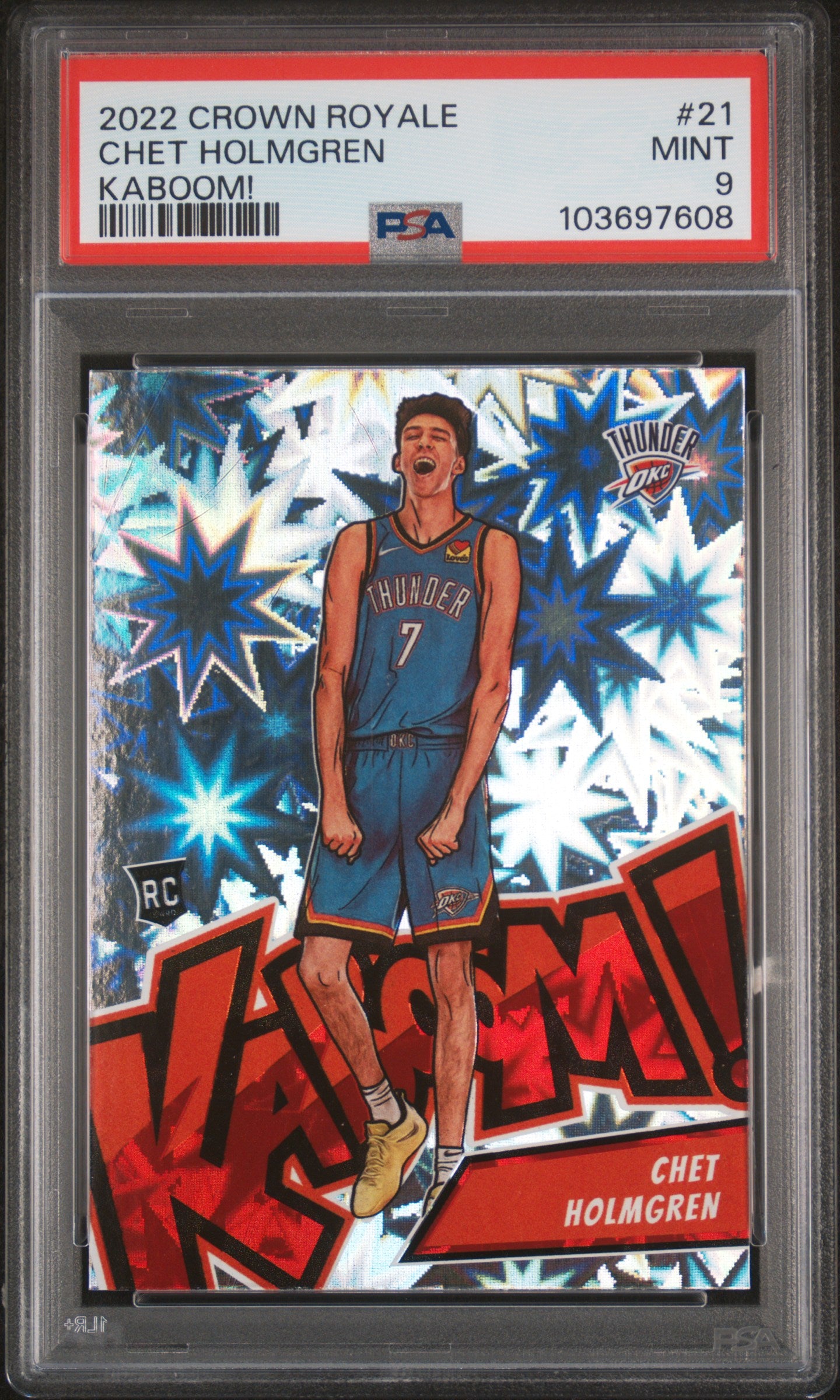 front card 2022 PANINI CROWN ROYALE KABOOM! CHET HOLMGREN KABOOM! PSA MINT 9