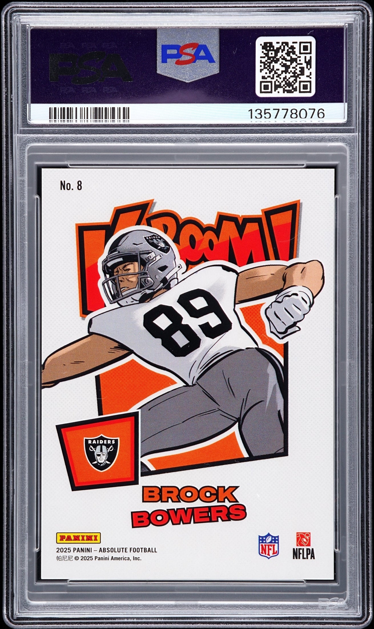 rear card 2025 PANINI ABSOLUTE KABOOM! HORIZONTAL BROCK BOWERS KABOOM! HORIZONTAL-PURPLE PSA MINT 9