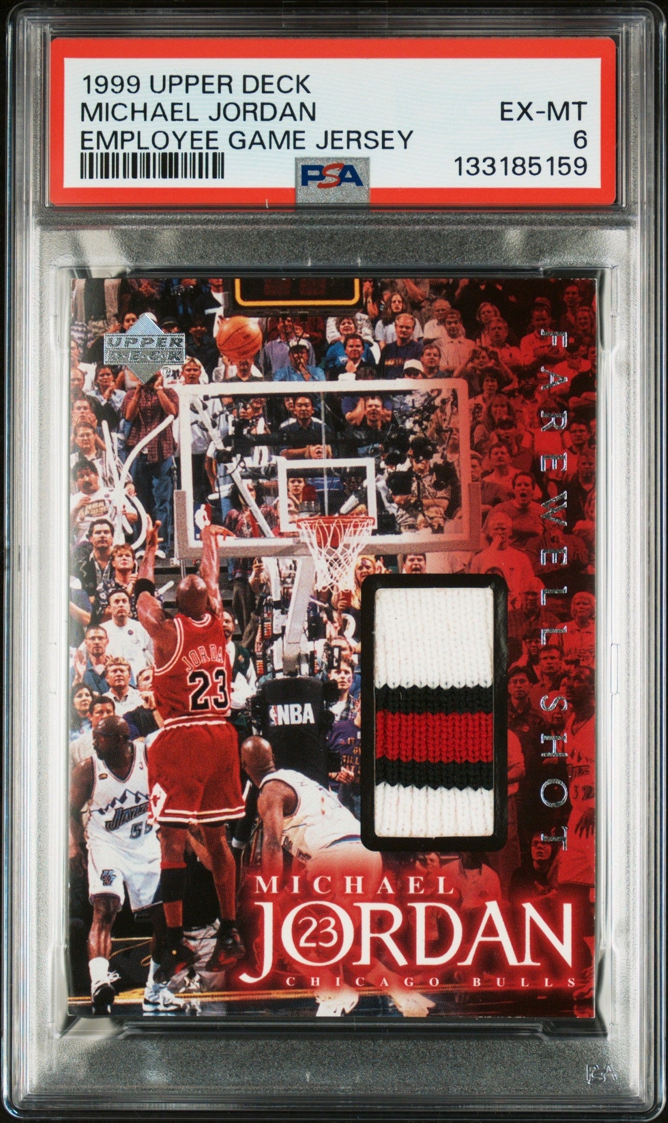 front card 1999 UPPER DECK EMPLOYEE GAME JERSEY MICHAEL JORDAN EMPLOYEE GAME JERSEY PSA EX-MT 6