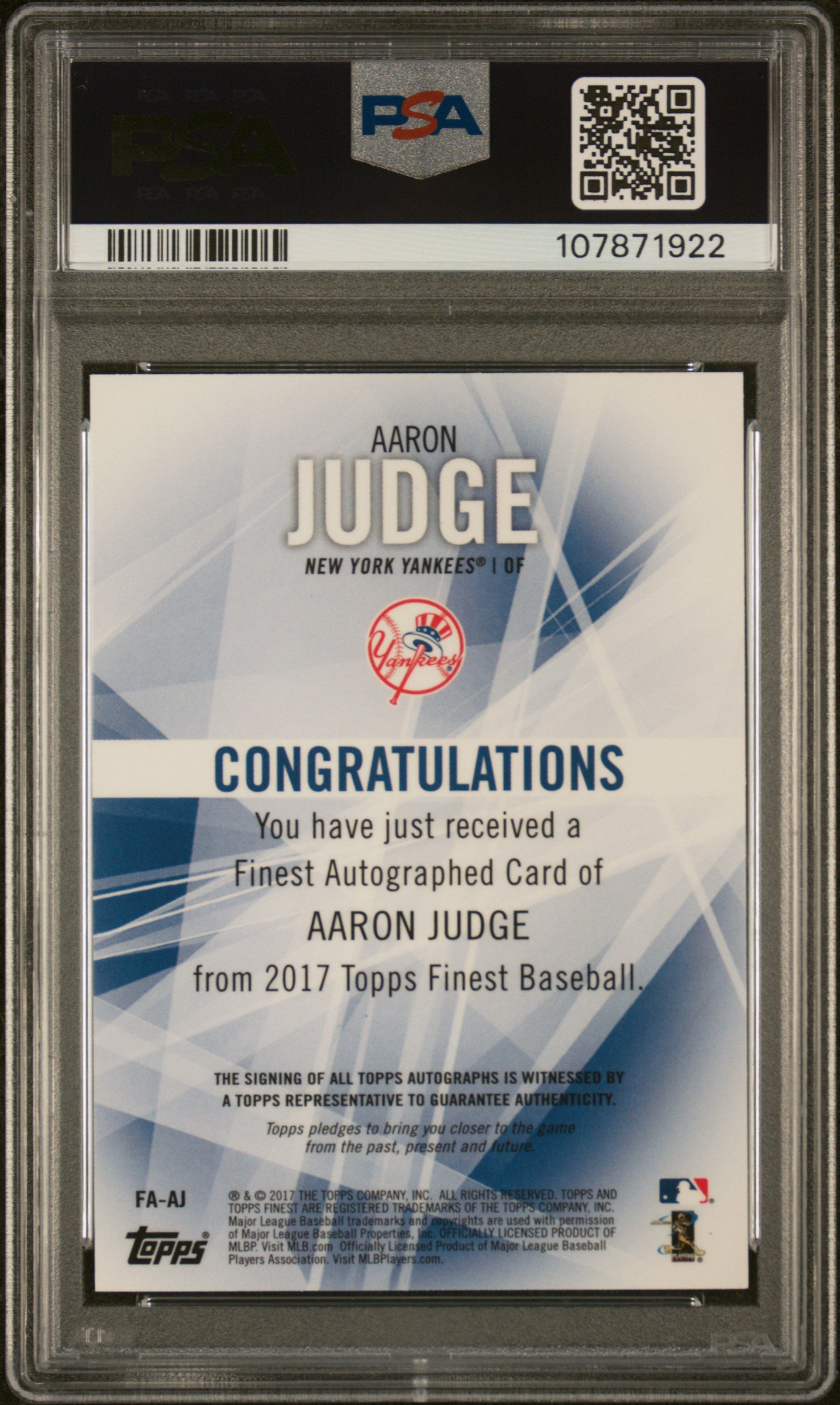 rear card 2017 FINEST AUTOGRAPHS AARON JUDGE AUTO-GREEN REFRACTOR PSA GEM MT 10
