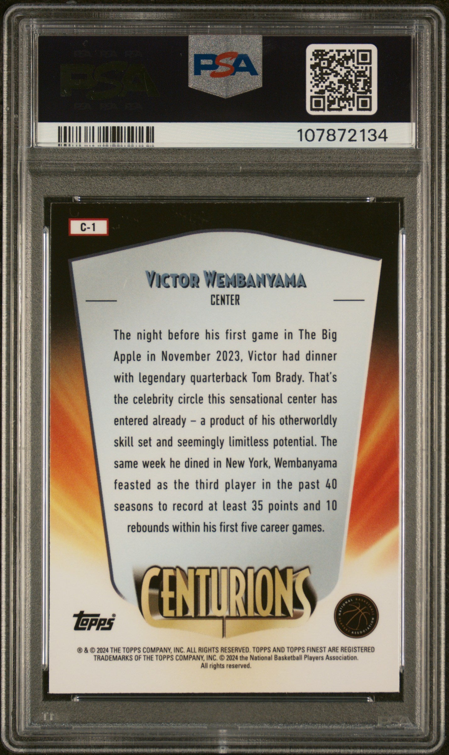 rear card 2023 TOPPS FINEST CENTURIONS VICTOR WEMBANYAMA PSA MINT 9