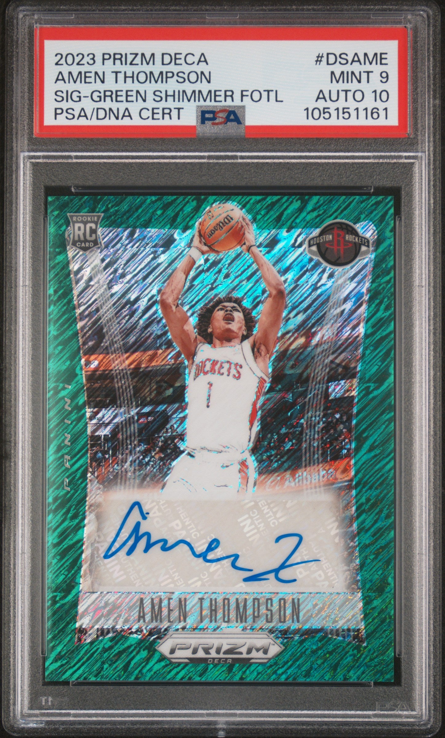 front card 2023 PANINI PRIZM DECA SIGNATURES AMEN THOMPSON SIG-GREEN SHIMMER FOTL PSA MINT 9