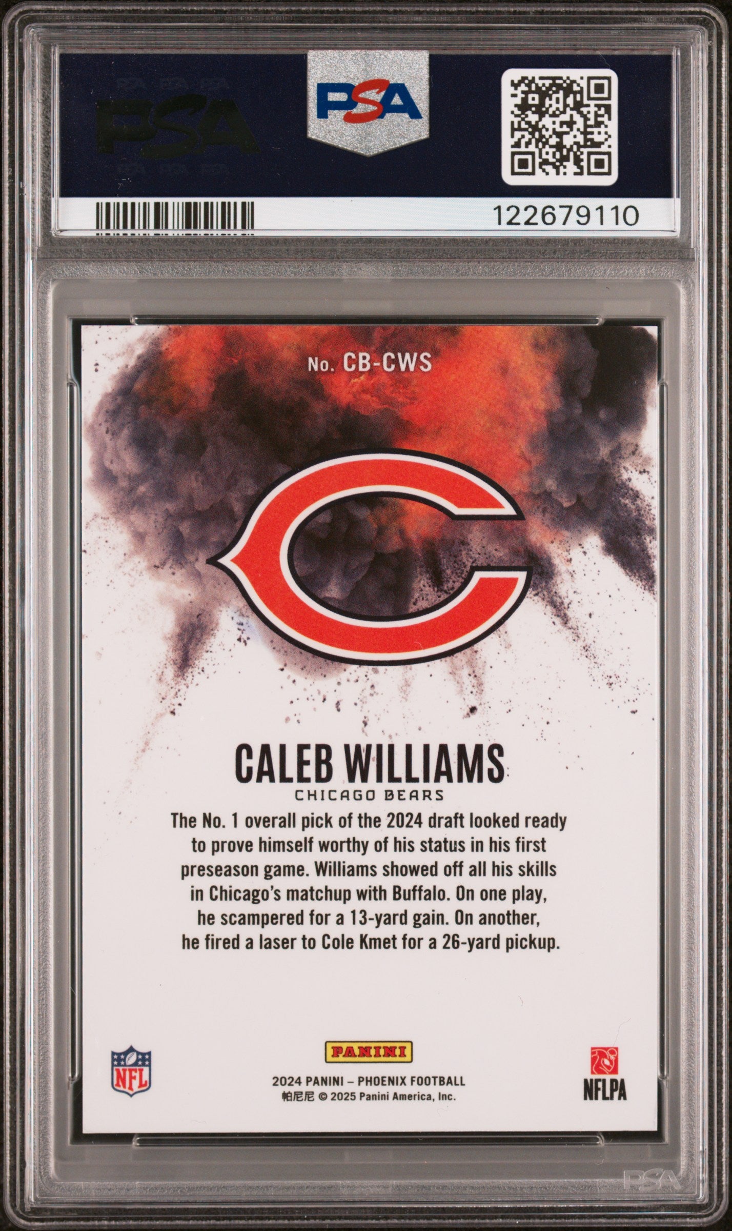 rear card 2024 PANINI PHOENIX COLOR BLAST CALEB WILLIAMS PSA GEM MT 10