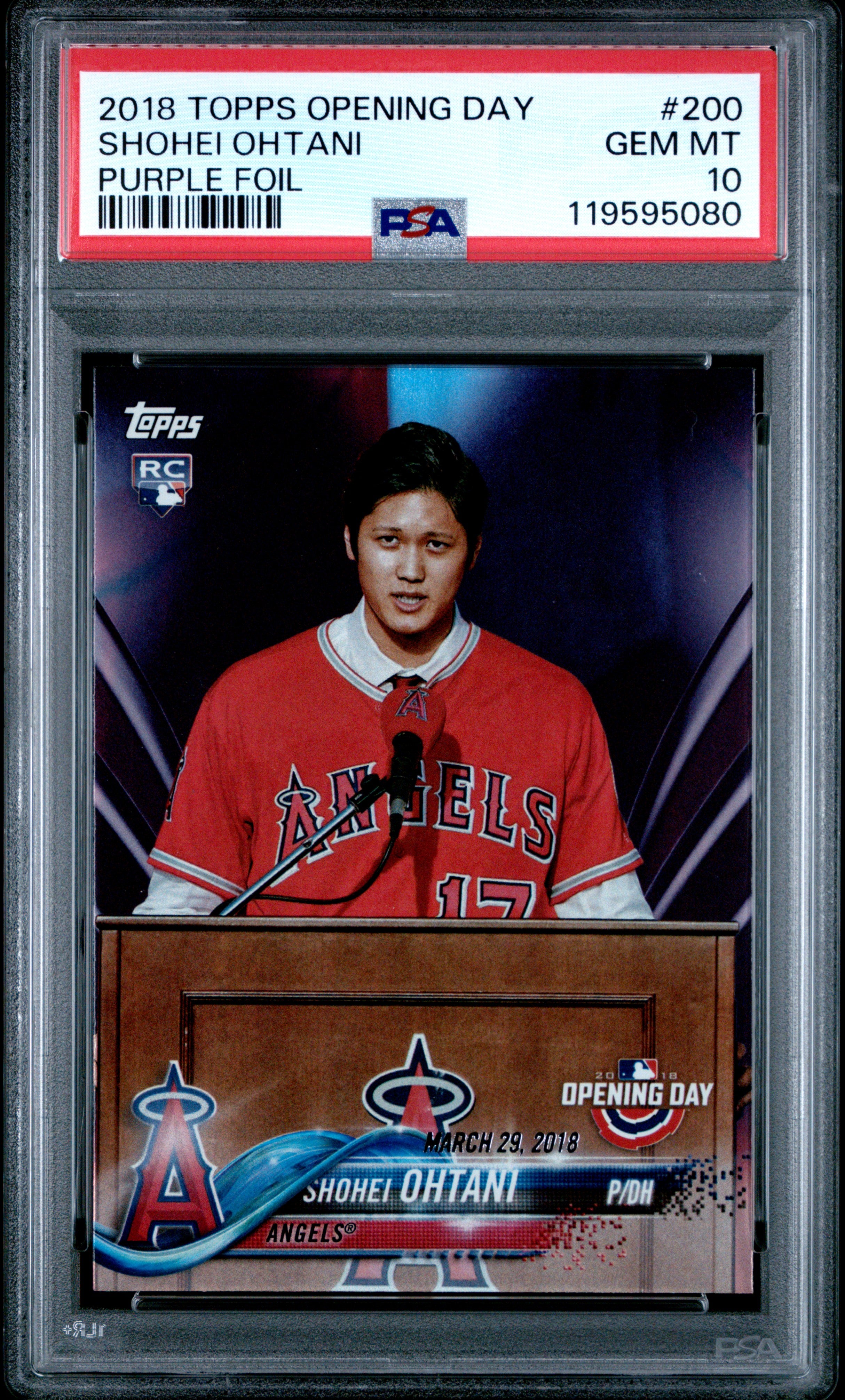 front card 2018 TOPPS OPENING DAY SHOHEI OHTANI PURPLE FOIL PSA GEM MT 10