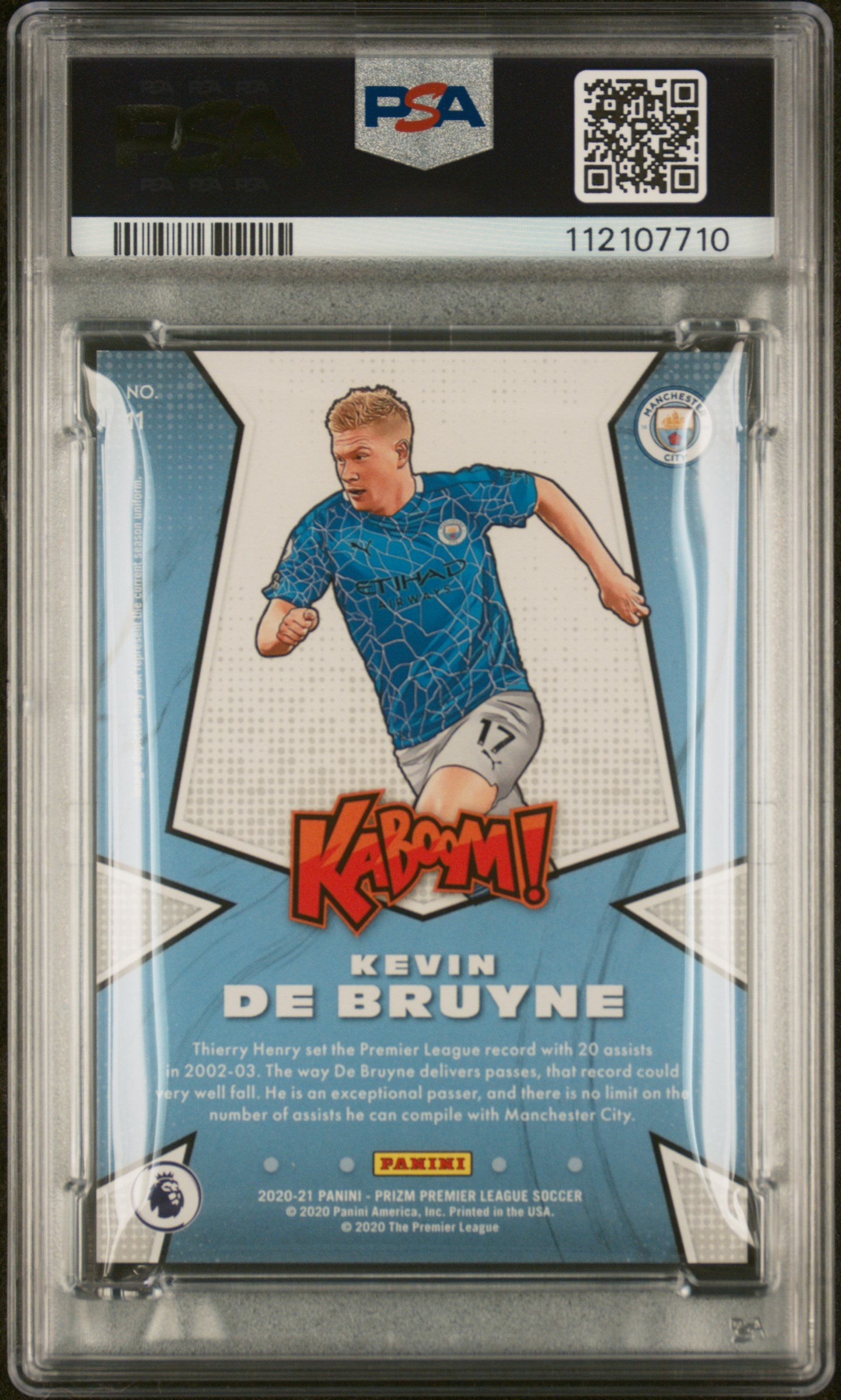 rear card 2020 PANINI PRIZM PREMIER LEAGUE KABOOM! KEVIN DE BRUYNE KABOOM! PSA MINT 9