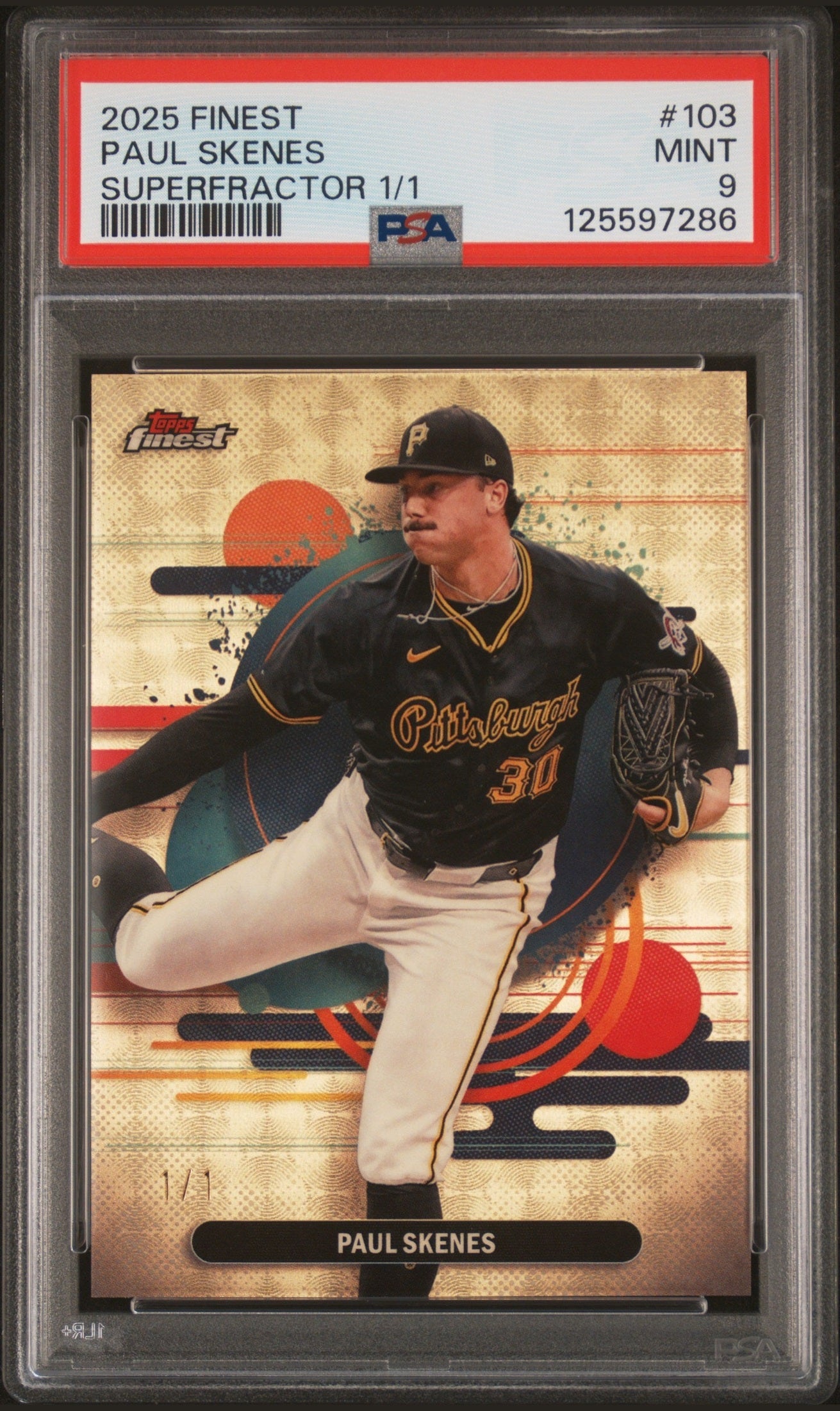 front card 2025 TOPPS FINEST PAUL SKENES SUPERFRACTOR 1/1 PSA MINT 9