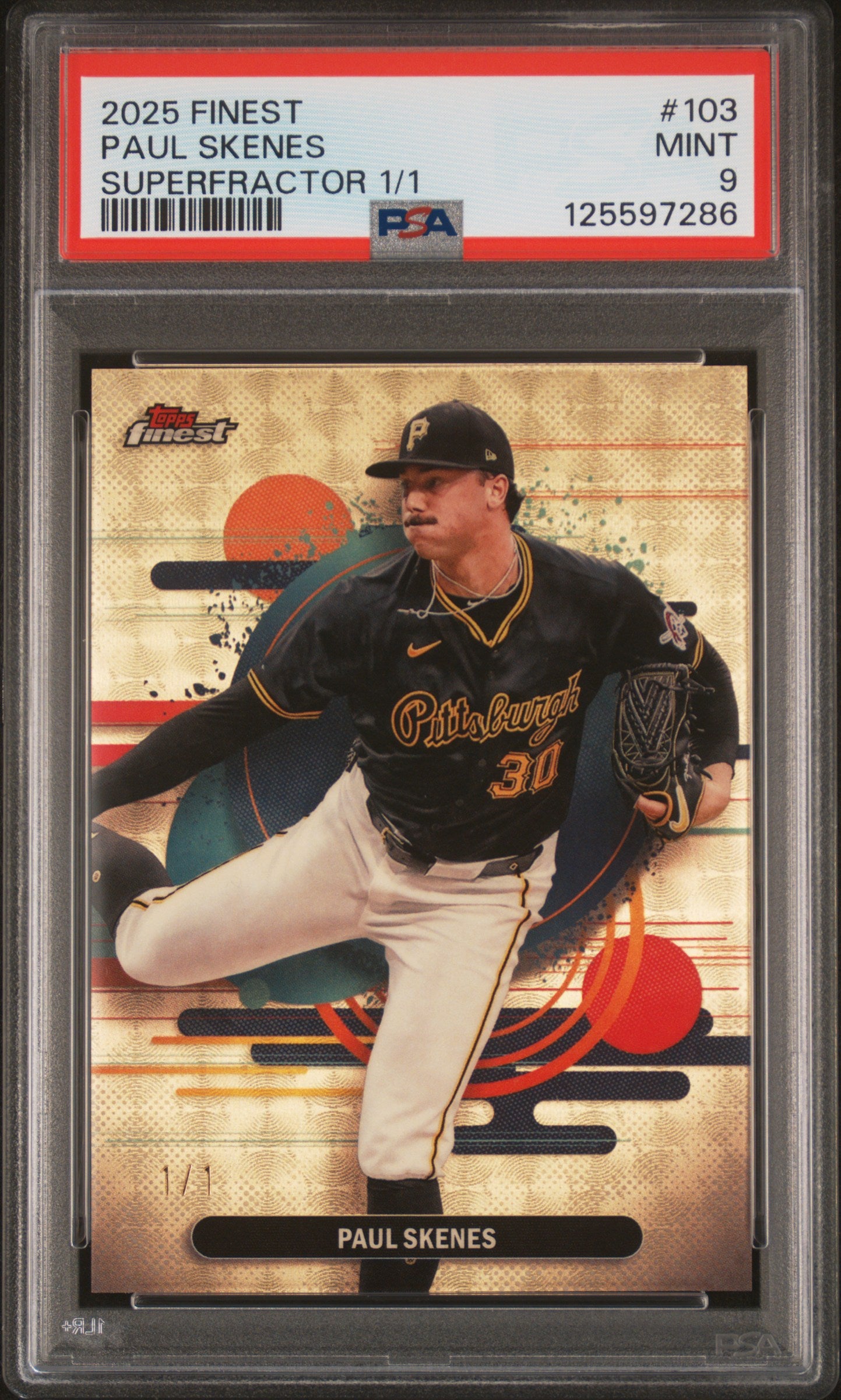 front card 2025 TOPPS FINEST PAUL SKENES SUPERFRACTOR 1/1 PSA MINT 9