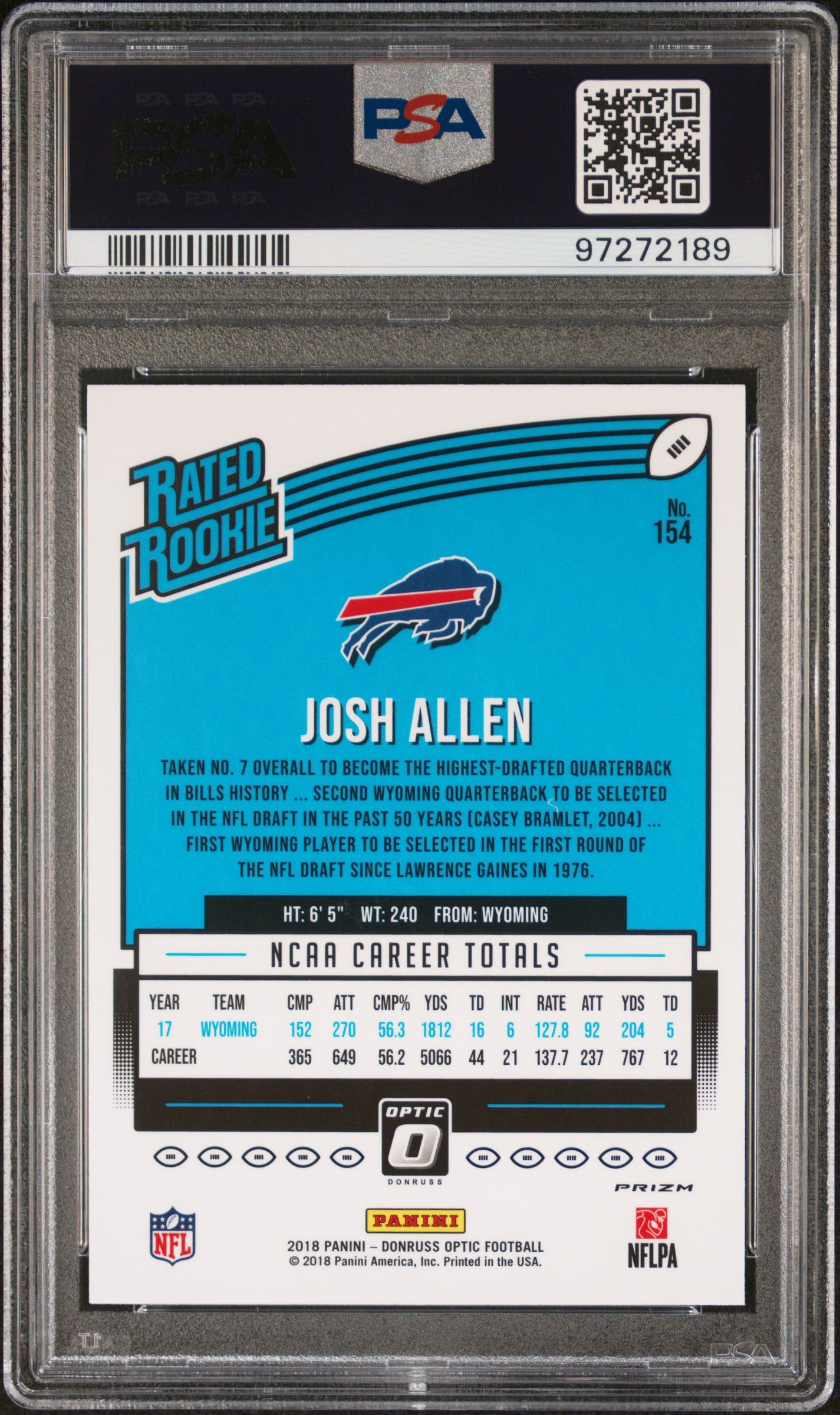 rear card 2018 PANINI DONRUSS OPTIC JOSH ALLEN RED/YELLOW PSA GEM MT 10