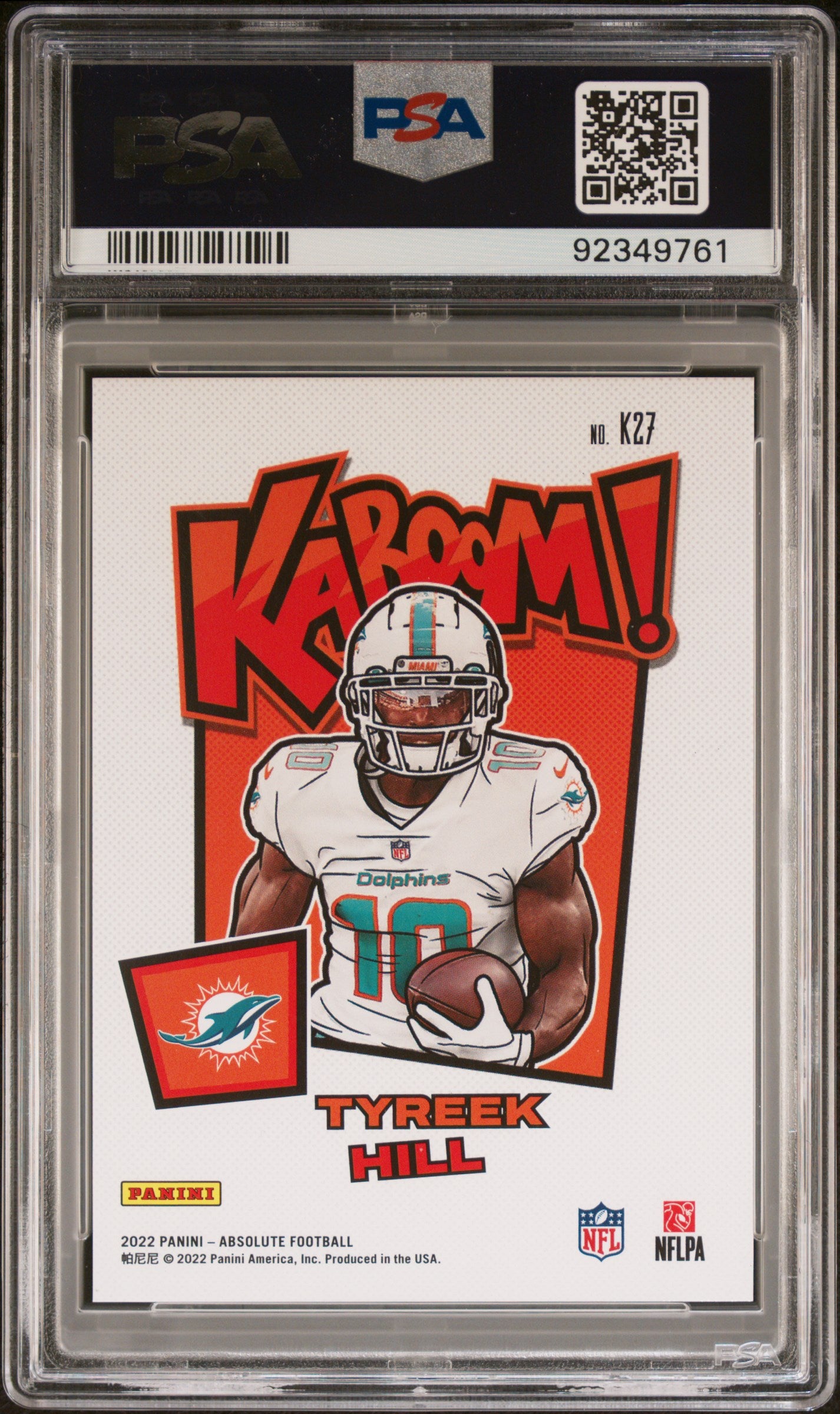 rear card 2022 PANINI ABSOLUTE KABOOM! VERTICAL TYREEK HILL KABOOM! VERTICAL PSA GEM MT 10