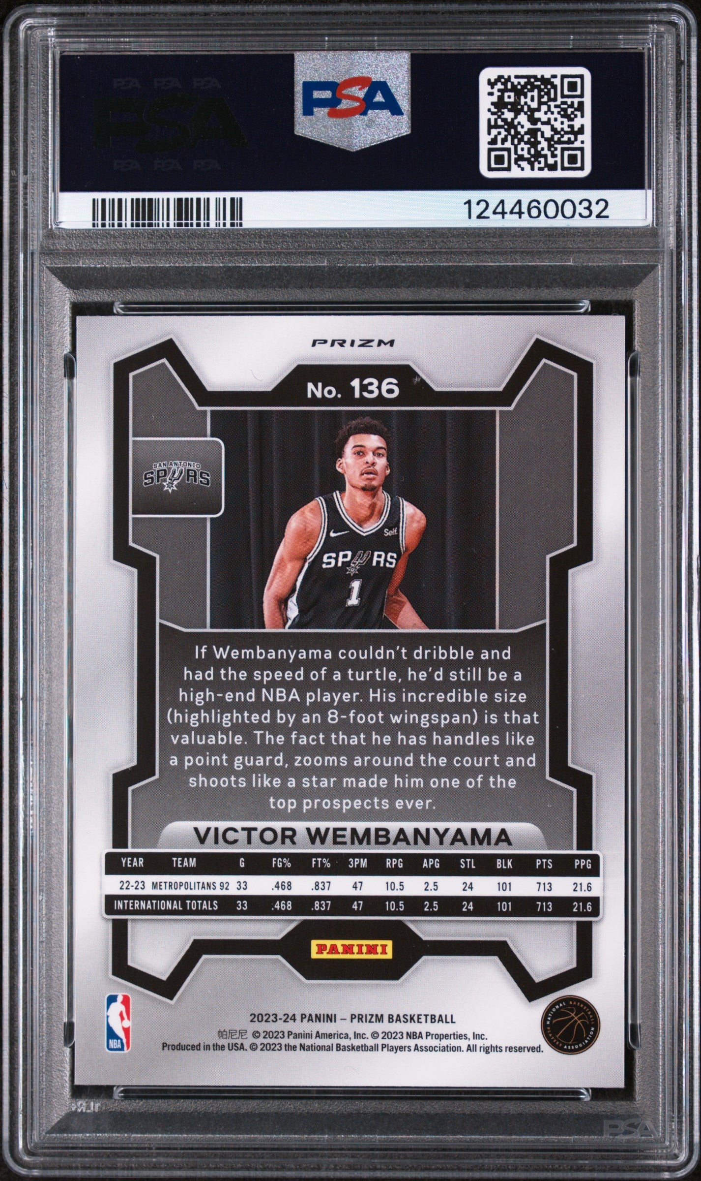 rear card 2023 PANINI PRIZM VICTOR WEMBANYAMA GREEN ICE PSA MINT 9