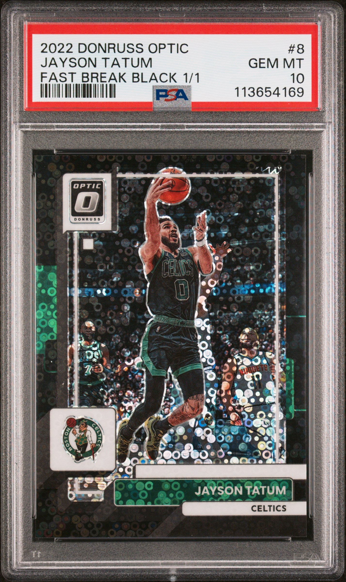 front card 2022 PANINI DONRUSS OPTIC JAYSON TATUM FAST BREAK BLACK 1/1 PSA GEM MT 10