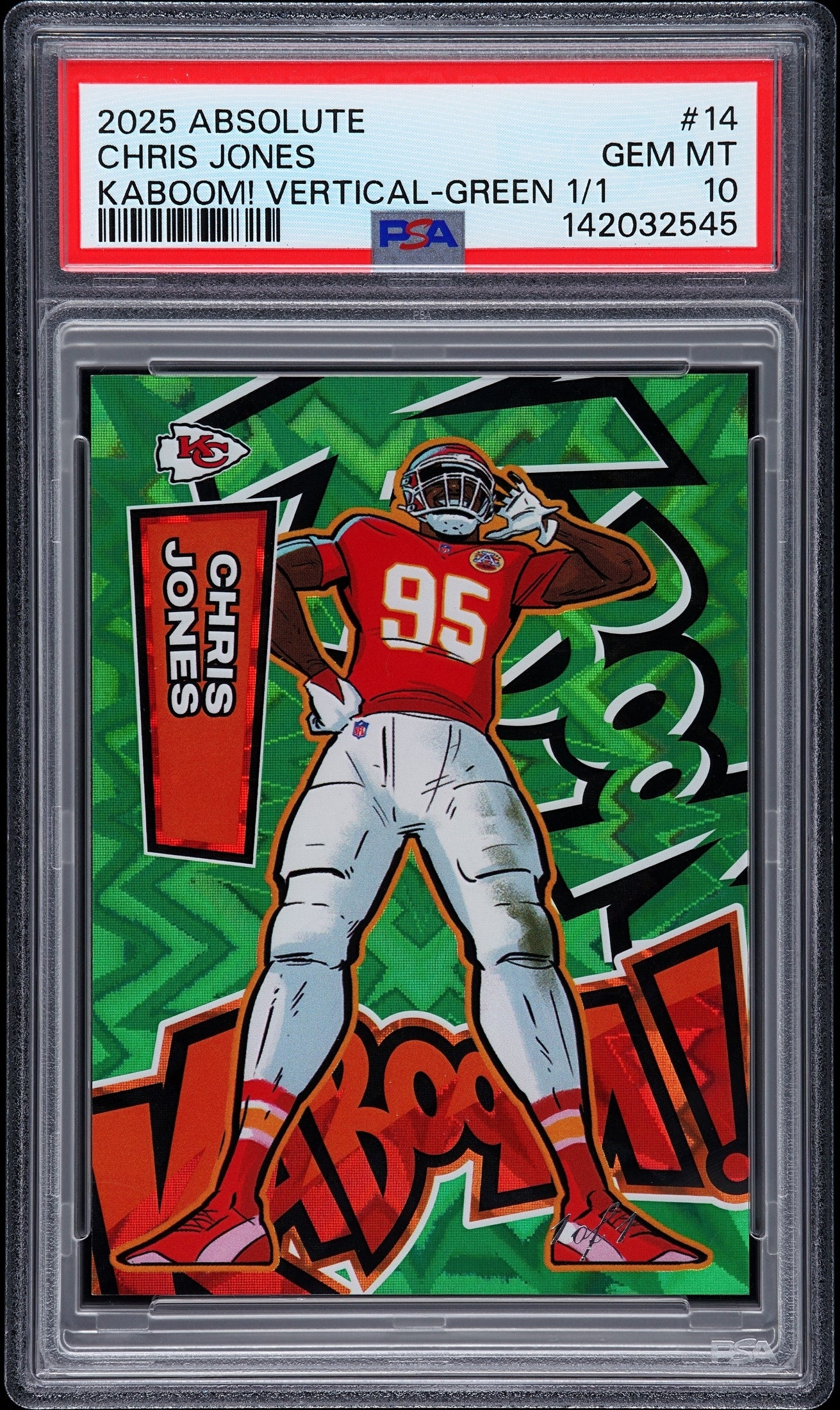front card 2025 PANINI ABSOLUTE KABOOM! VERTICAL CHRIS JONES KABOOM! VERTICAL-GREEN 1/1 PSA GEM MT 10