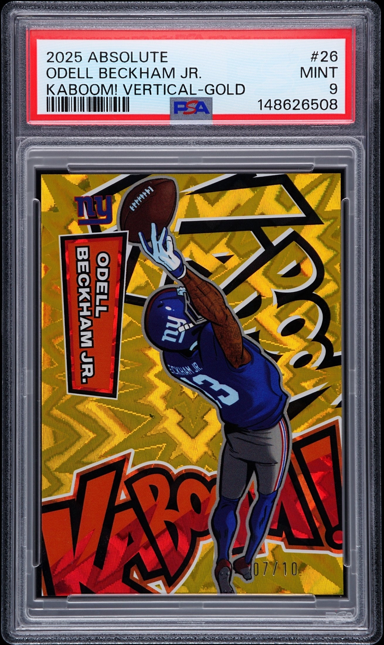 front card 2025 PANINI ABSOLUTE KABOOM! VERTICAL ODELL BECKHAM JR. KABOOM! VERTICAL-GOLD PSA MINT 9