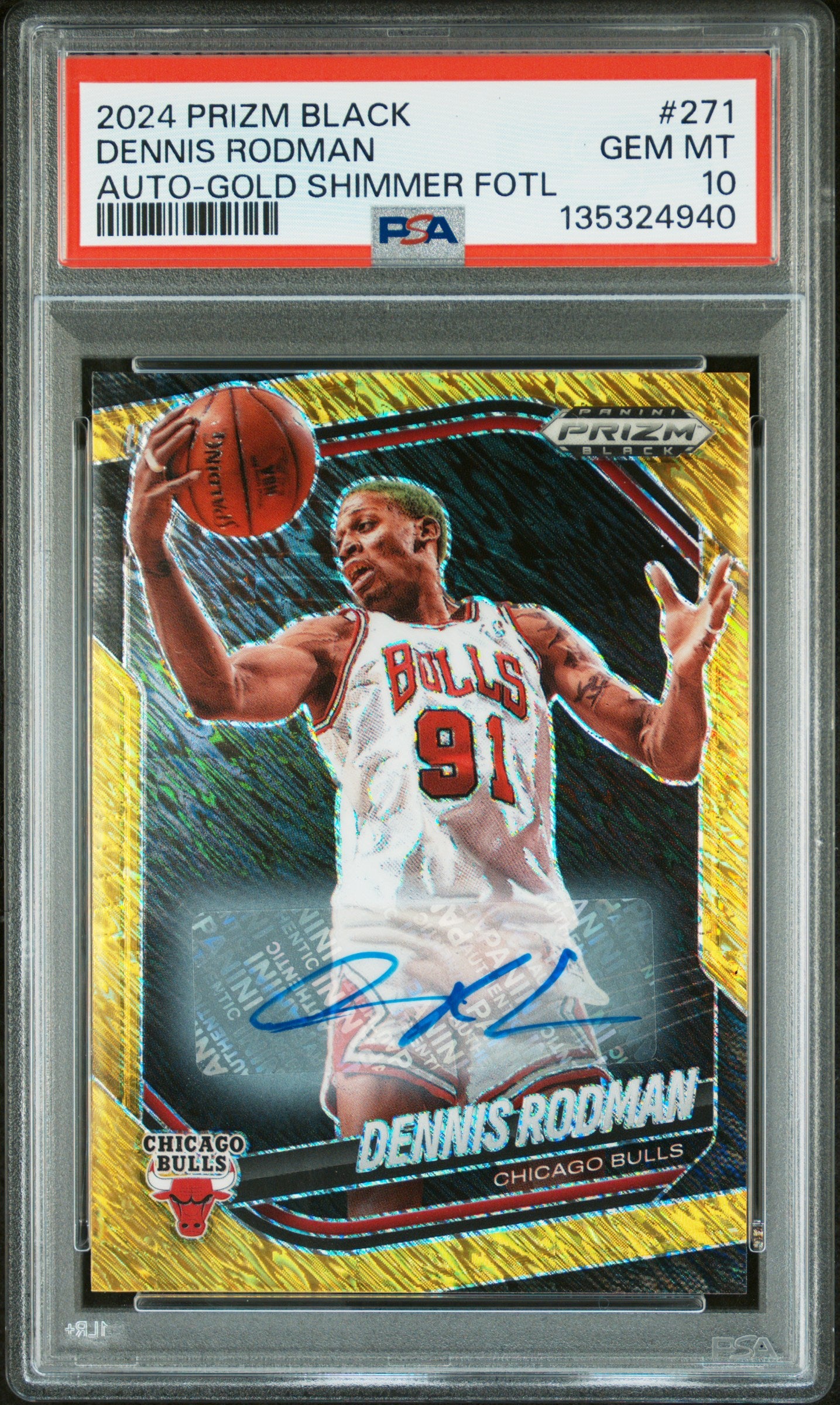 front card 2024 PANINI PRIZM BLACK DENNIS RODMAN AUTO-GOLD SHIMMER FOTL PSA GEM MT 10