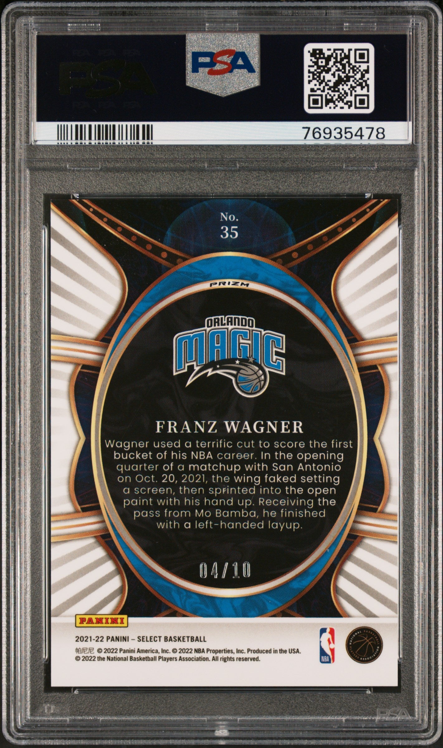 rear card 2021 PANINI SELECT PHENOMENON FRANZ WAGNER PHENOMENON-GOLD PRIZM PSA GEM MT 10