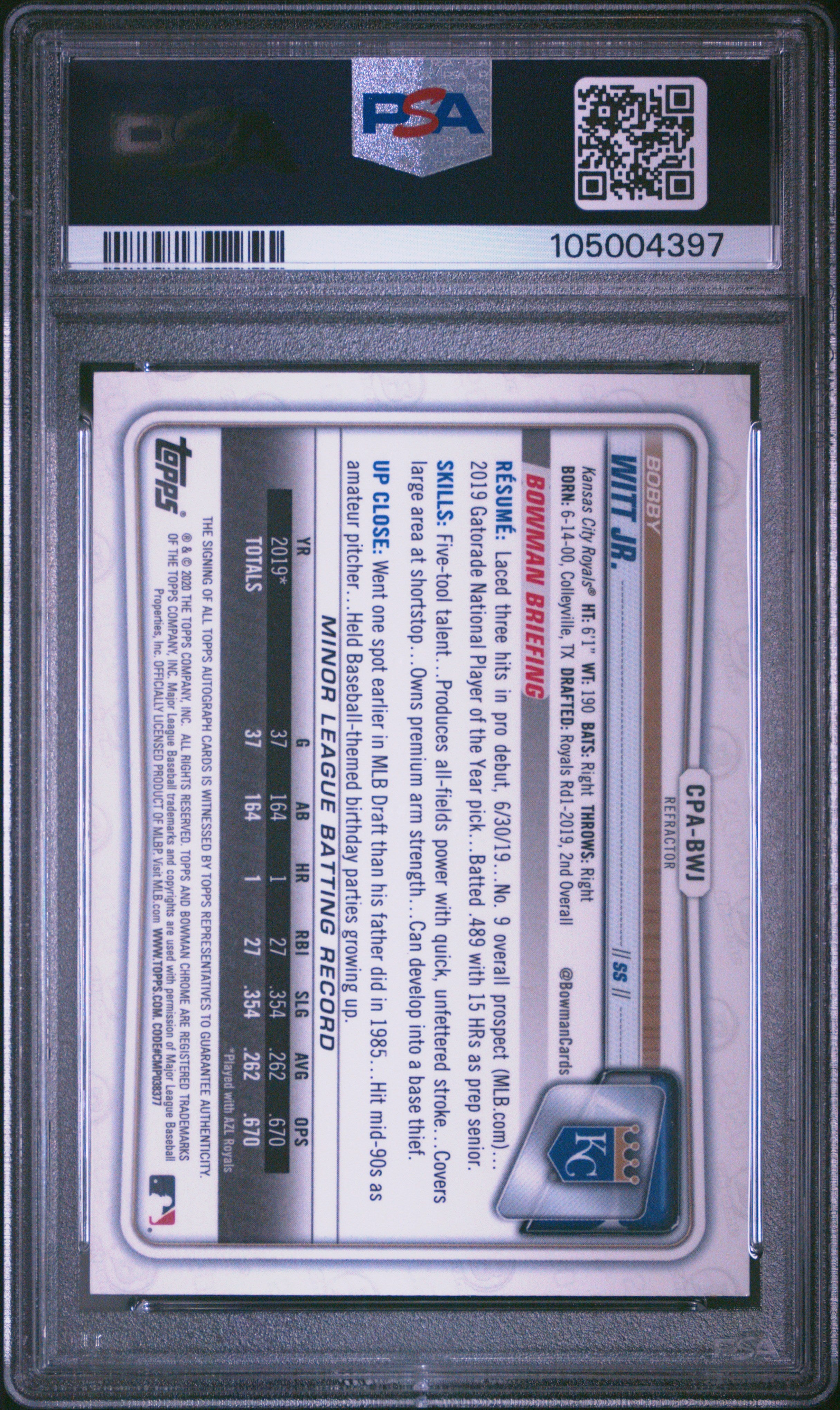 rear card 2020 BOWMAN CHROME PROSPECT AUTOGRAPHS BOBBY WITT JR. PROSPECT AUTO-REFRACTOR PSA MINT 9