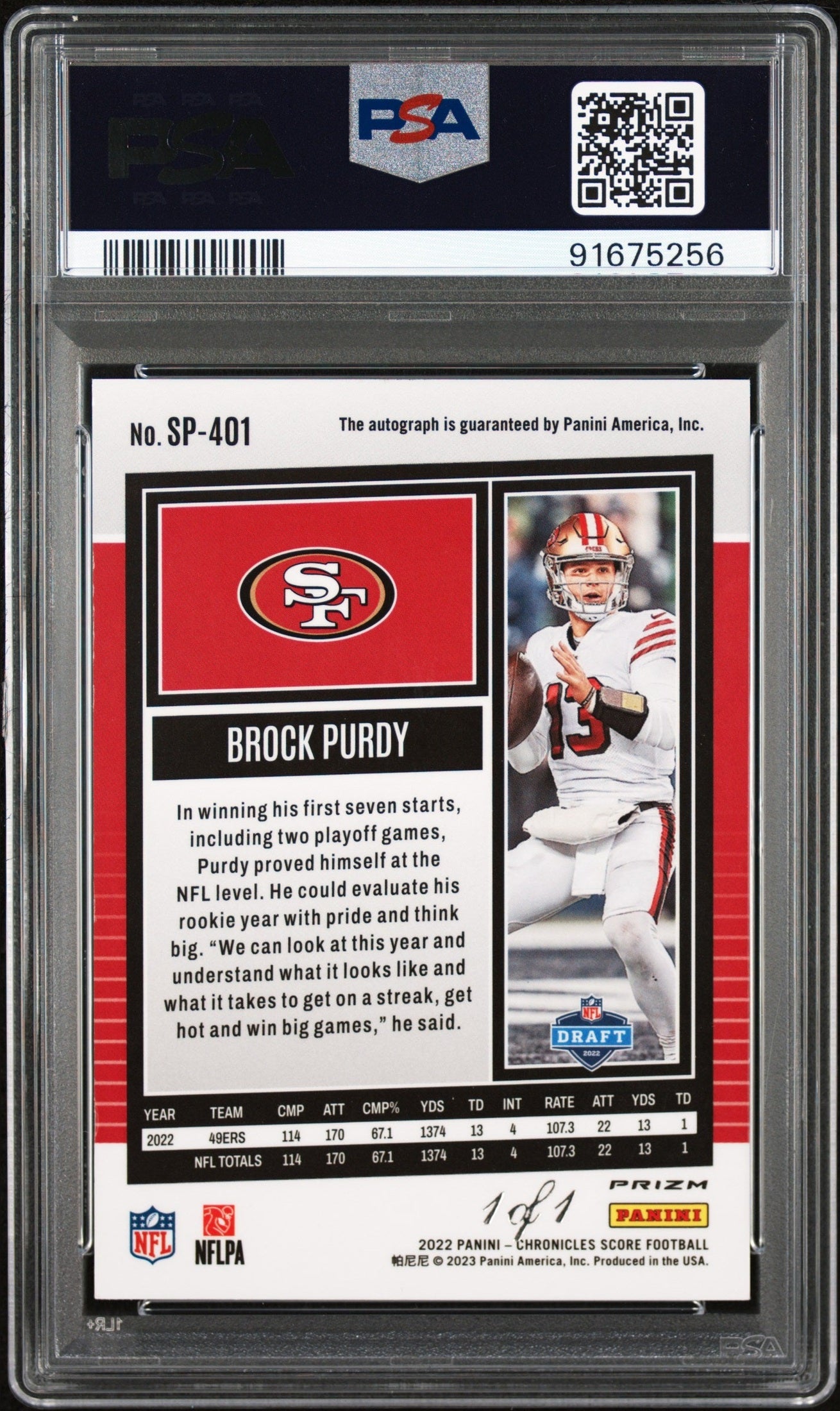 rear card 2022 PANINI CHRONICLES SCORE PREMIUM ROOKIES UPDATE BROCK PURDY SP RK UPD-SIG-GEM MASTERS 1/1 PSA MINT 9