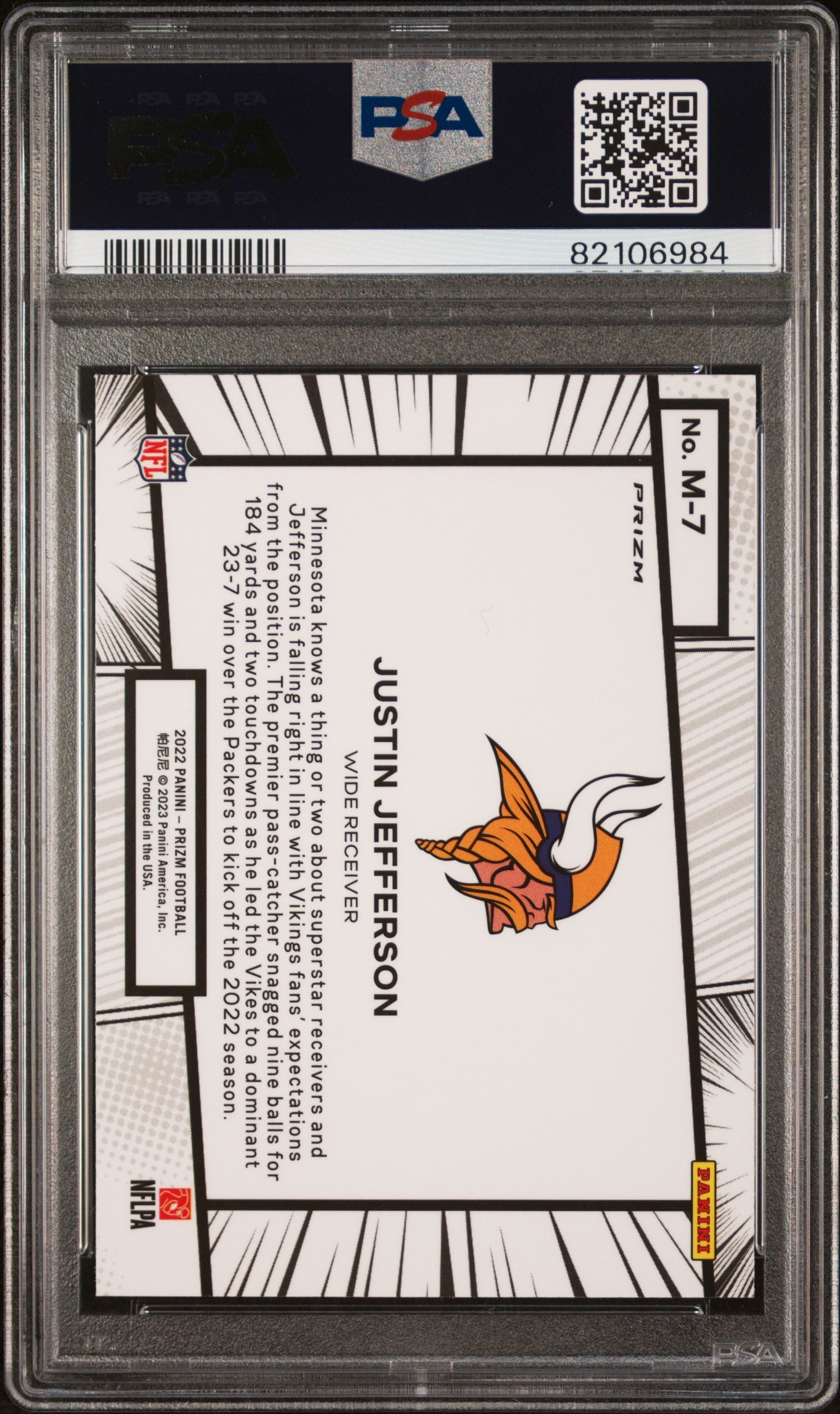 rear card 2022 PANINI PRIZM MANGA JUSTIN JEFFERSON MANGA PSA GEM MT 10