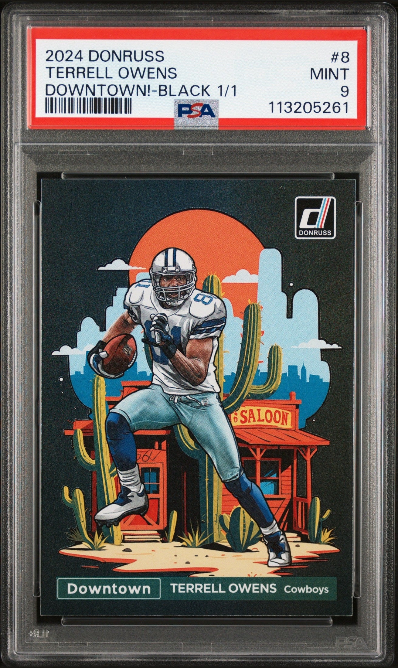 front card 2024 PANINI DONRUSS DOWNTOWN! TERRELL OWENS DOWNTOWN!-BLACK 1/1 PSA MINT 9