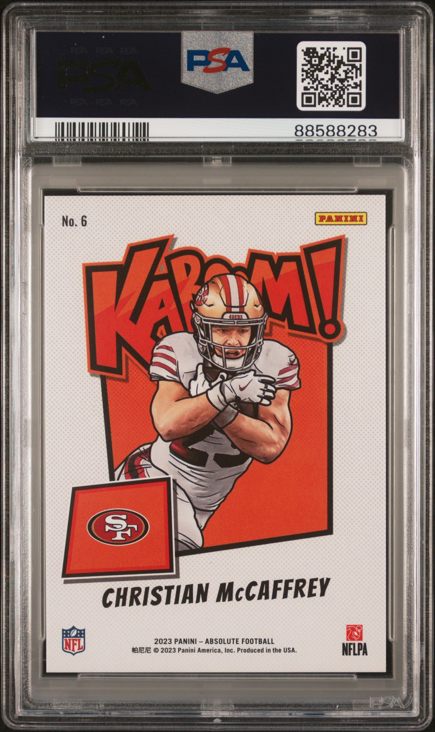 rear card 2023 PANINI ABSOLUTE KABOOM! HORIZONTAL CHRISTIAN McCAFFREY PSA GEM MT 10