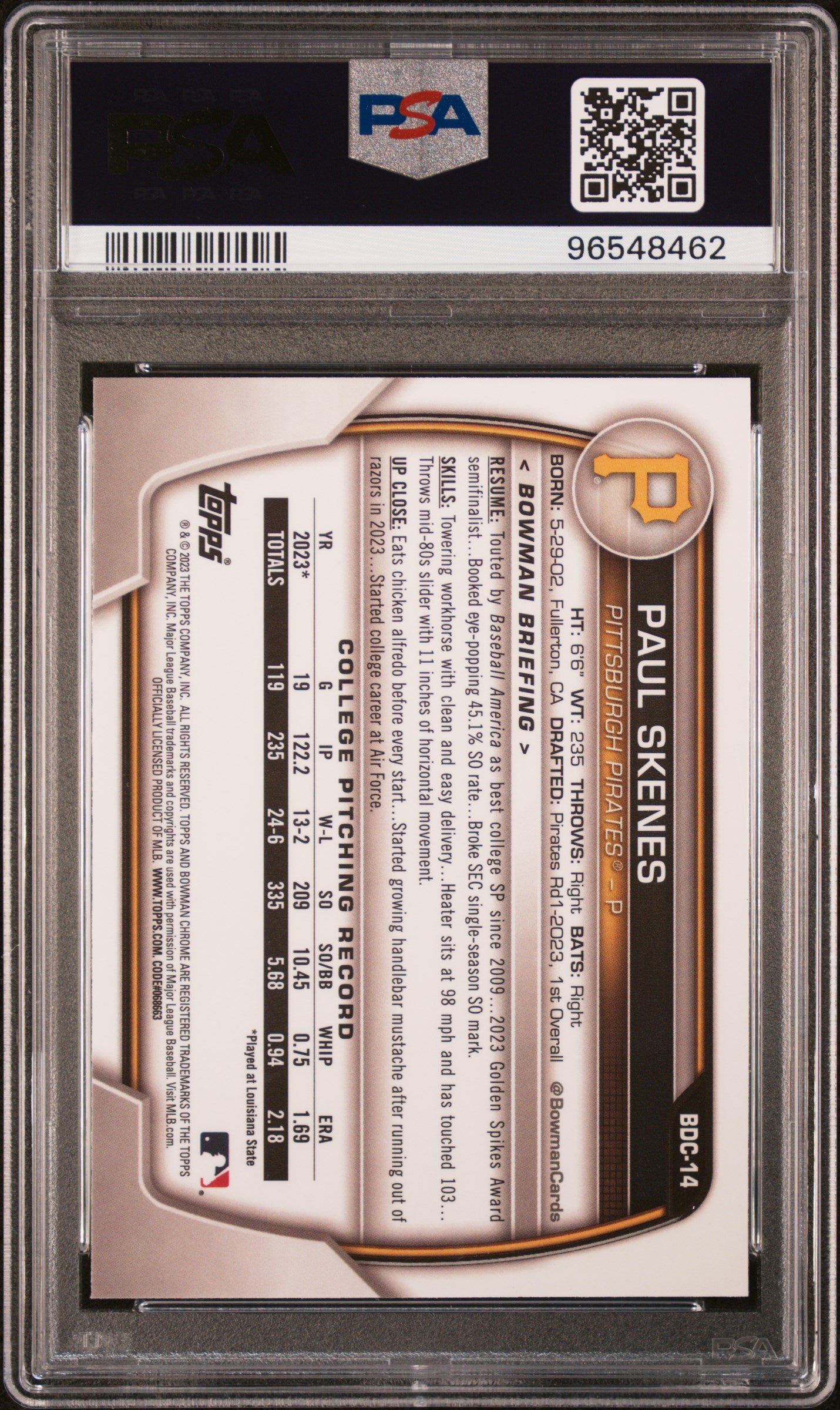 rear card 2023 BOWMAN DRAFT PAUL SKENES CHROME PSA GEM MT 10