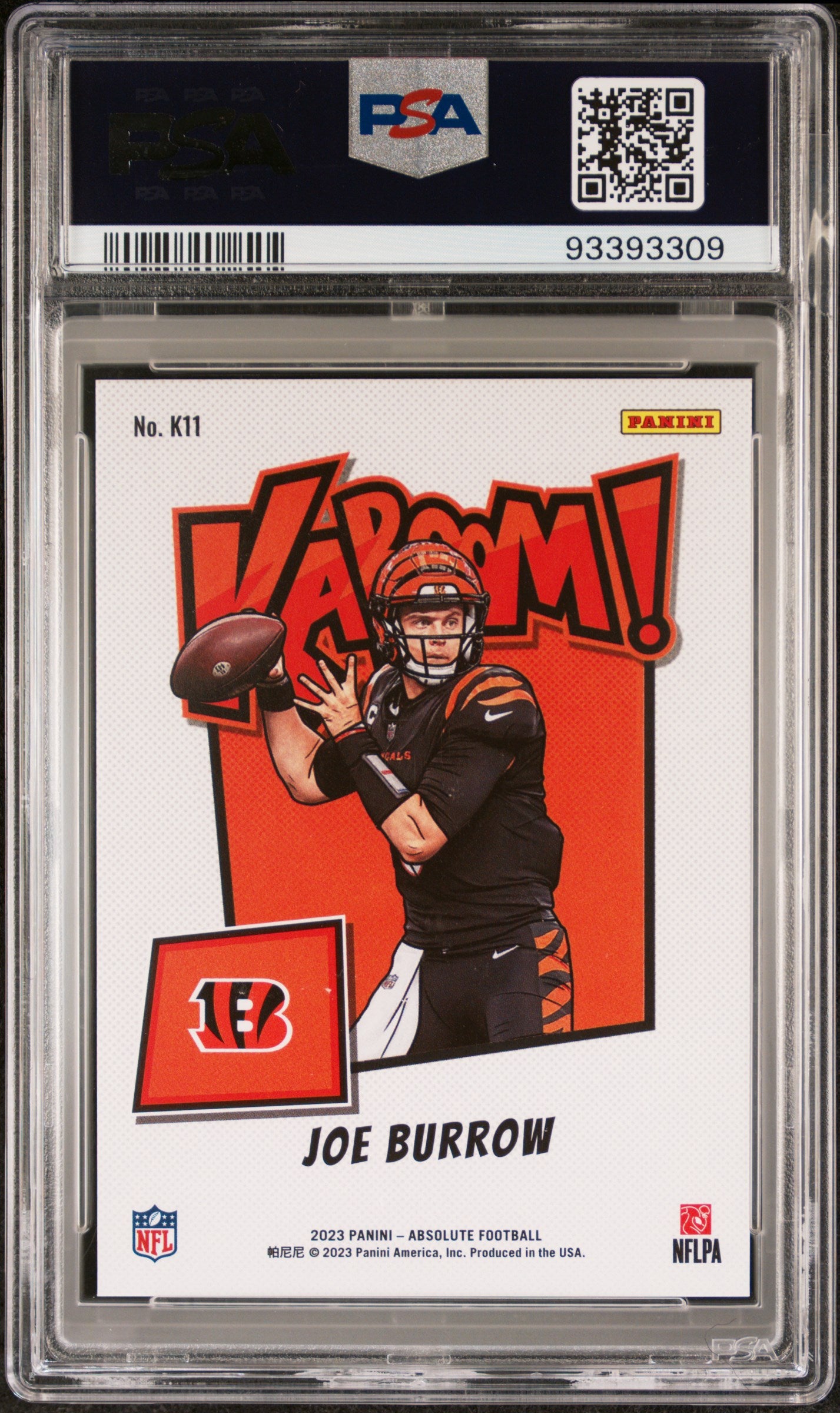rear card 2023 PANINI ABSOLUTE KABOOM! VERTICAL JOE BURROW PSA GEM MT 10