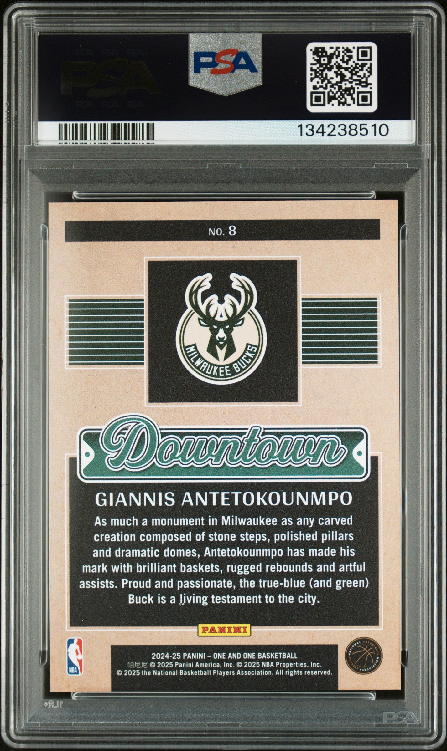 rear card 2024 PANINI ONE AND ONE DOWNTOWN GIANNIS ANTETOKOUNMPO PSA GEM MT 10