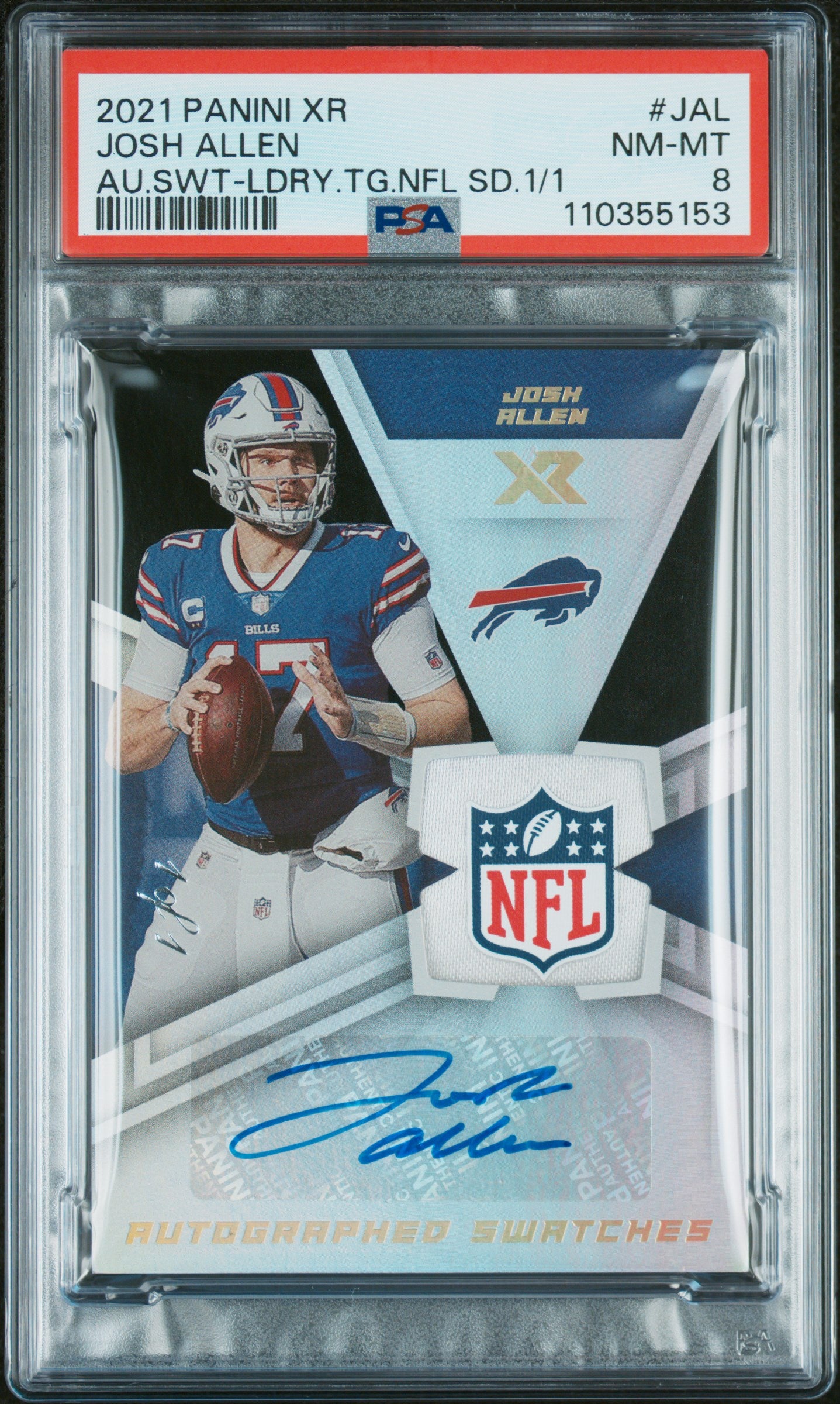 front card 2021 PANINI XR AUTOGRAPHED SWATCHES JOSH ALLEN AU.SWT-LDRY.TG.NFL SD.1/1 PSA NM-MT 8