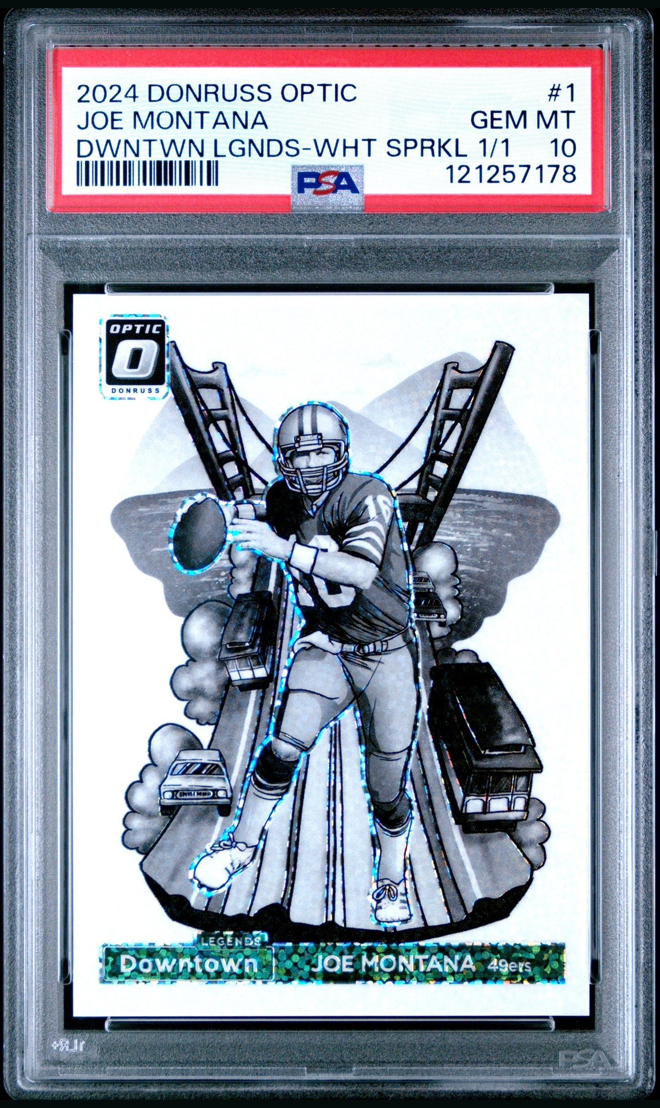 front card 2024 PANINI DONRUSS OPTIC DOWNTOWN LEGENDS JOE MONTANA DWNTWN LGNDS-WHT SPRKL 1/1 PSA GEM MT 10